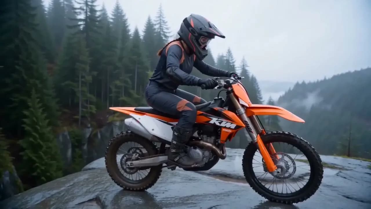 The Root Line: Red Bull. The edge does not ask permission; it asks who is ready. An orange enduro bike through a wet Pacific Northwest forest, roots slick under the tires, a cliff-edge launch into mist, and a helmet pulled off for the first cold pull of the can. Thirty seconds of Red Bull Summer Edition film about the body deciding before fear gets a vote, with the season's can as the reward for the next move.