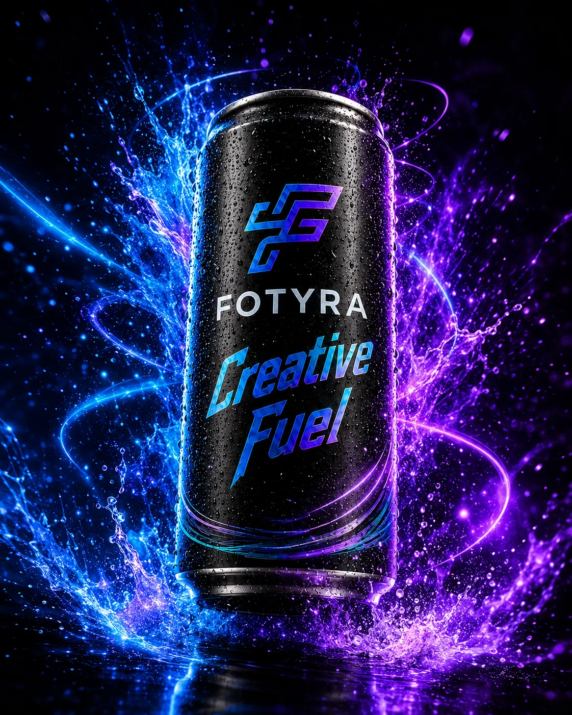 Fotyra Creative Fuel can bursting through arcs of electric blue and purple energy and splashing liquid