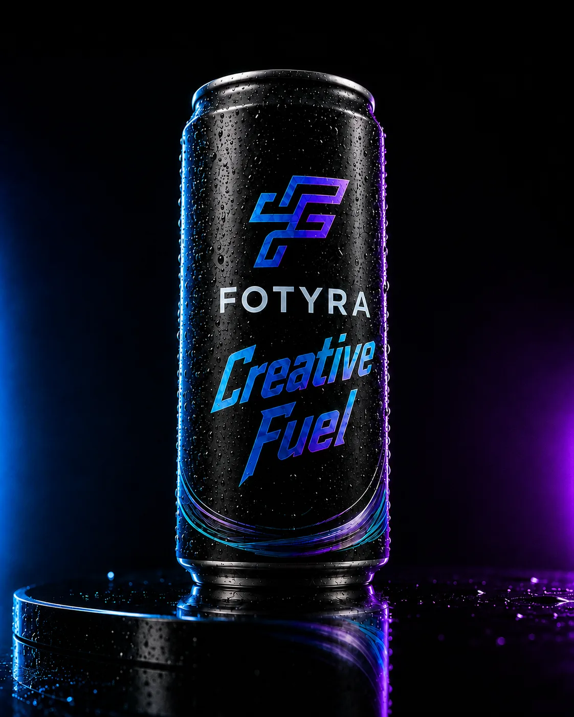 Fotyra Creative Fuel can standing on a wet black podium under blue and violet studio light
