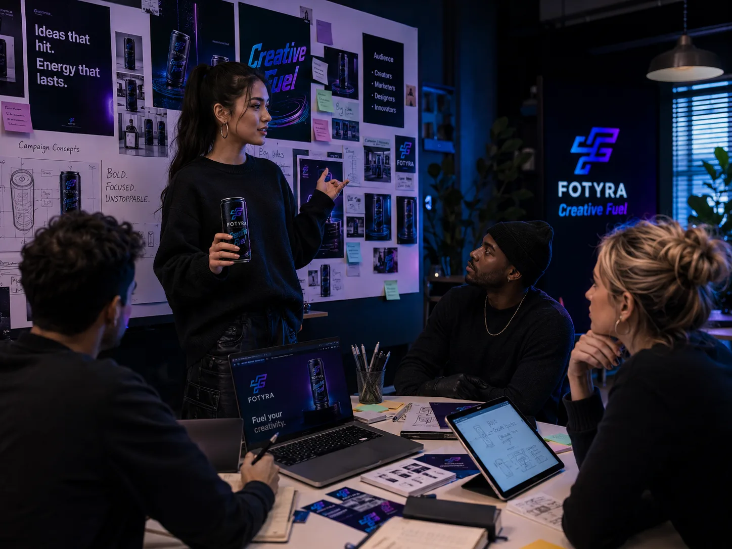 A creative presenting a moodboard wall to her team, Fotyra Creative Fuel can in hand, the Fotyra logo glowing on a screen behind them