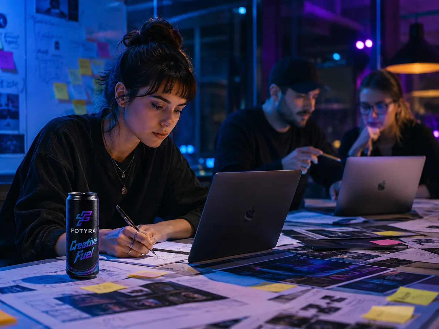 A designer sketching storyboards at a late-night studio table, a Fotyra Creative Fuel can standing beside her notes