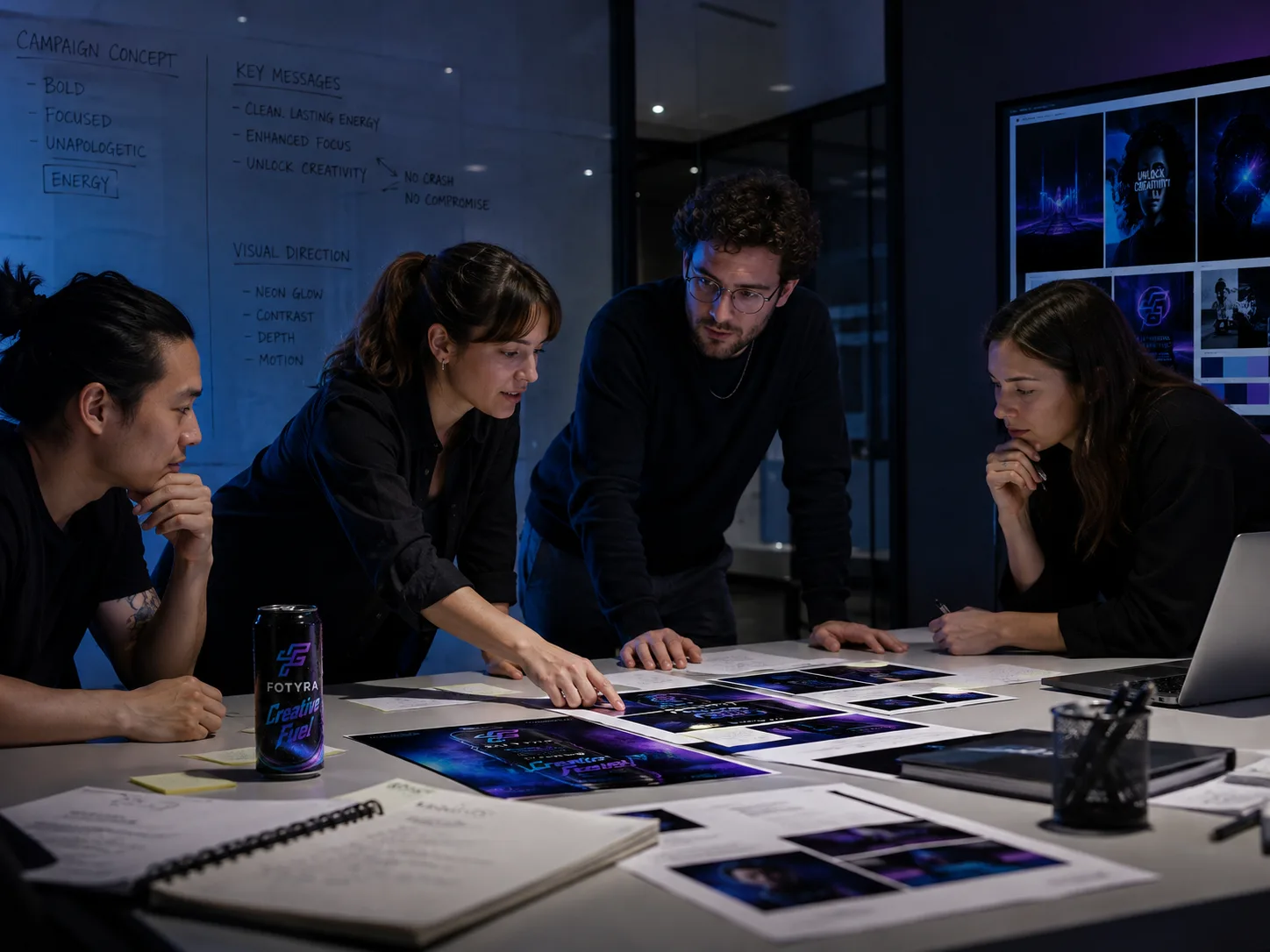 Four creatives leaning over a table of printed campaign frames with a Fotyra Creative Fuel can among the layouts, campaign notes on the wall behind