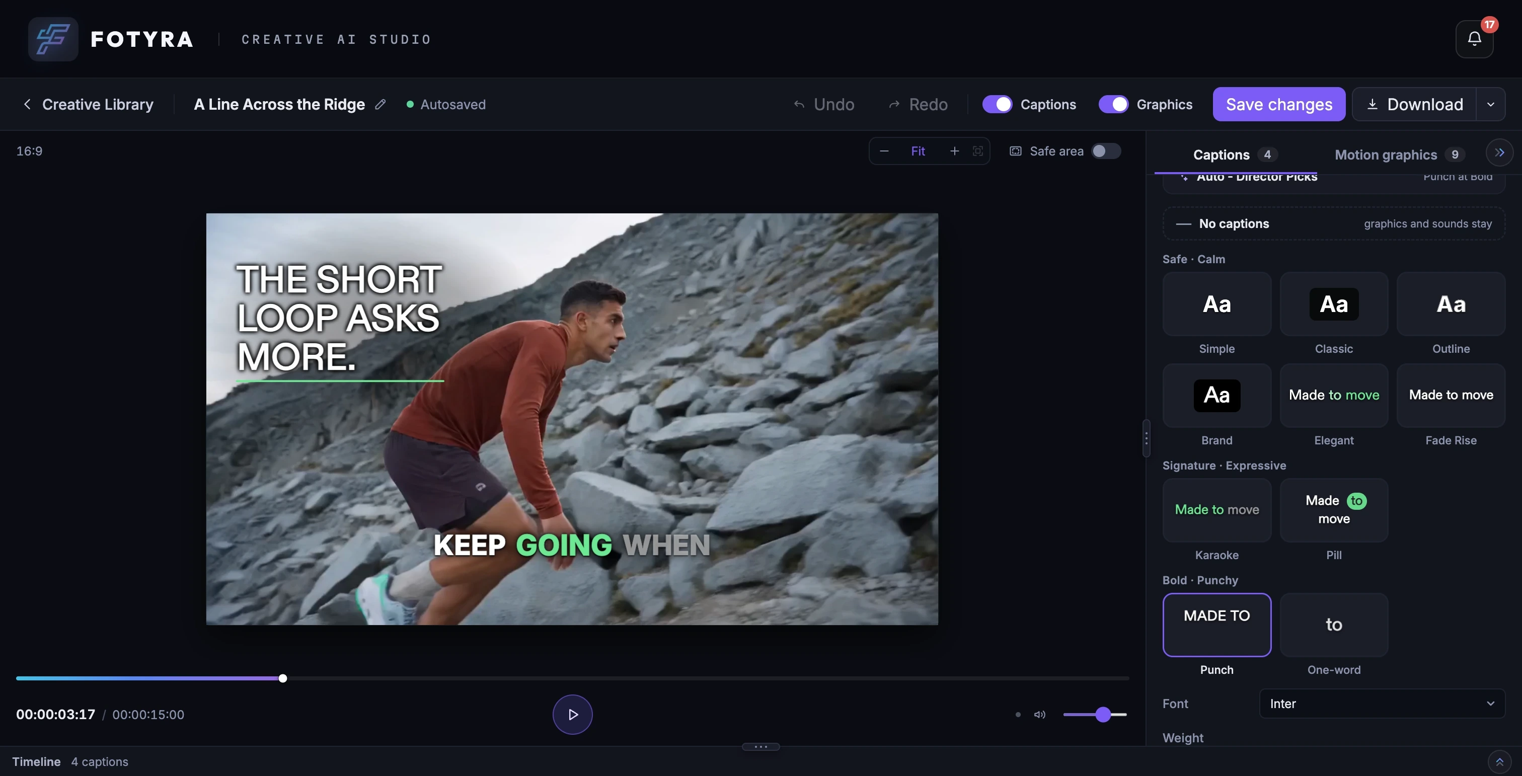 Caption styles in Fotyra Studio: Simple, Classic, Outline, Brand, Elegant, Fade Rise, Karaoke, Pill, Punch and One-word, with Punch chosen for the film