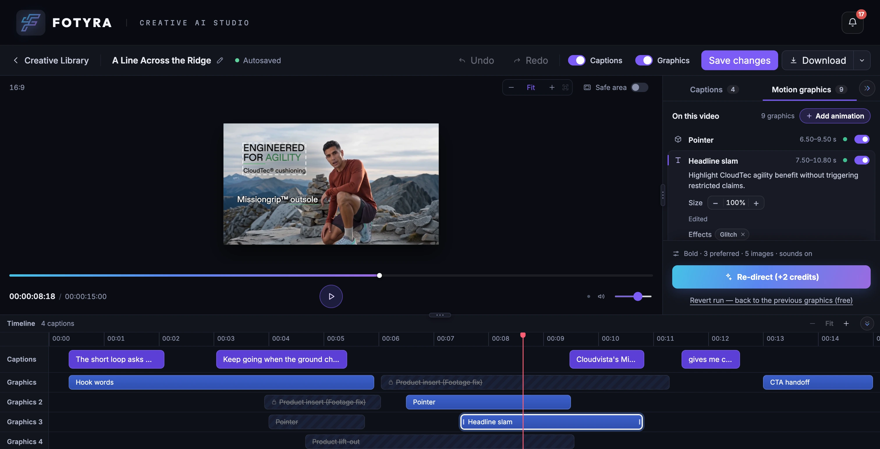 Fotyra Studio's motion graphics editor on A Line Across the Ridge: the film with a Headline slam and a Pointer on screen, the list of graphics with the reason for each, and a timeline with lanes for captions, five layers of graphics and sounds