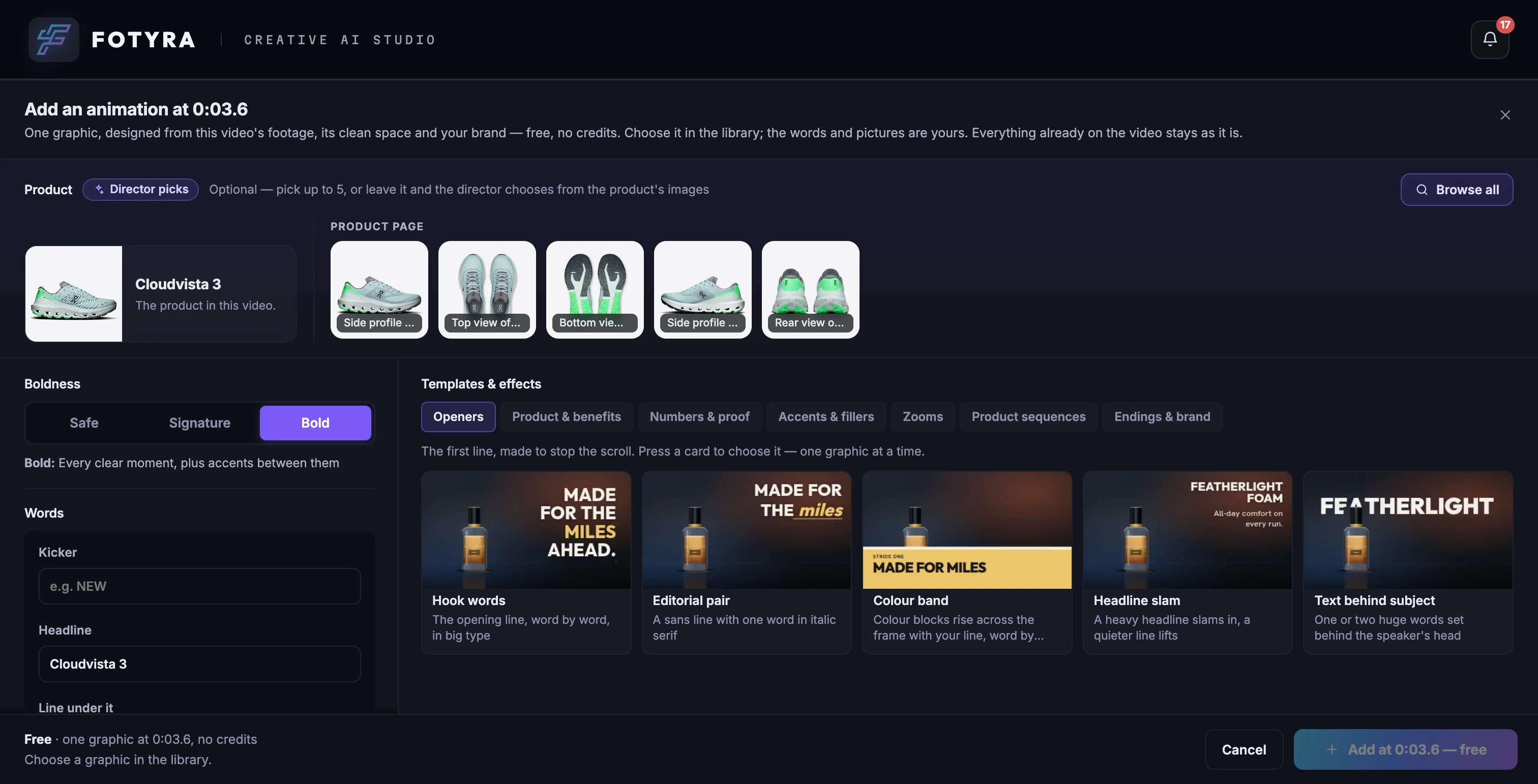 Fotyra Studio's Add an animation screen at 0:03.6: the Cloudvista 3 with five product page pictures, the Safe, Signature and Bold switch, the words, and the Openers in the library