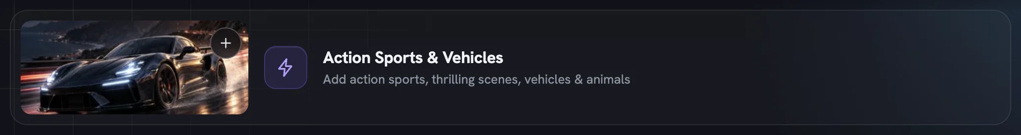 The Action Sports & Vehicles banner tile in the picker, with a sports car picture and the line Add action sports, thrilling scenes, vehicles & animals
