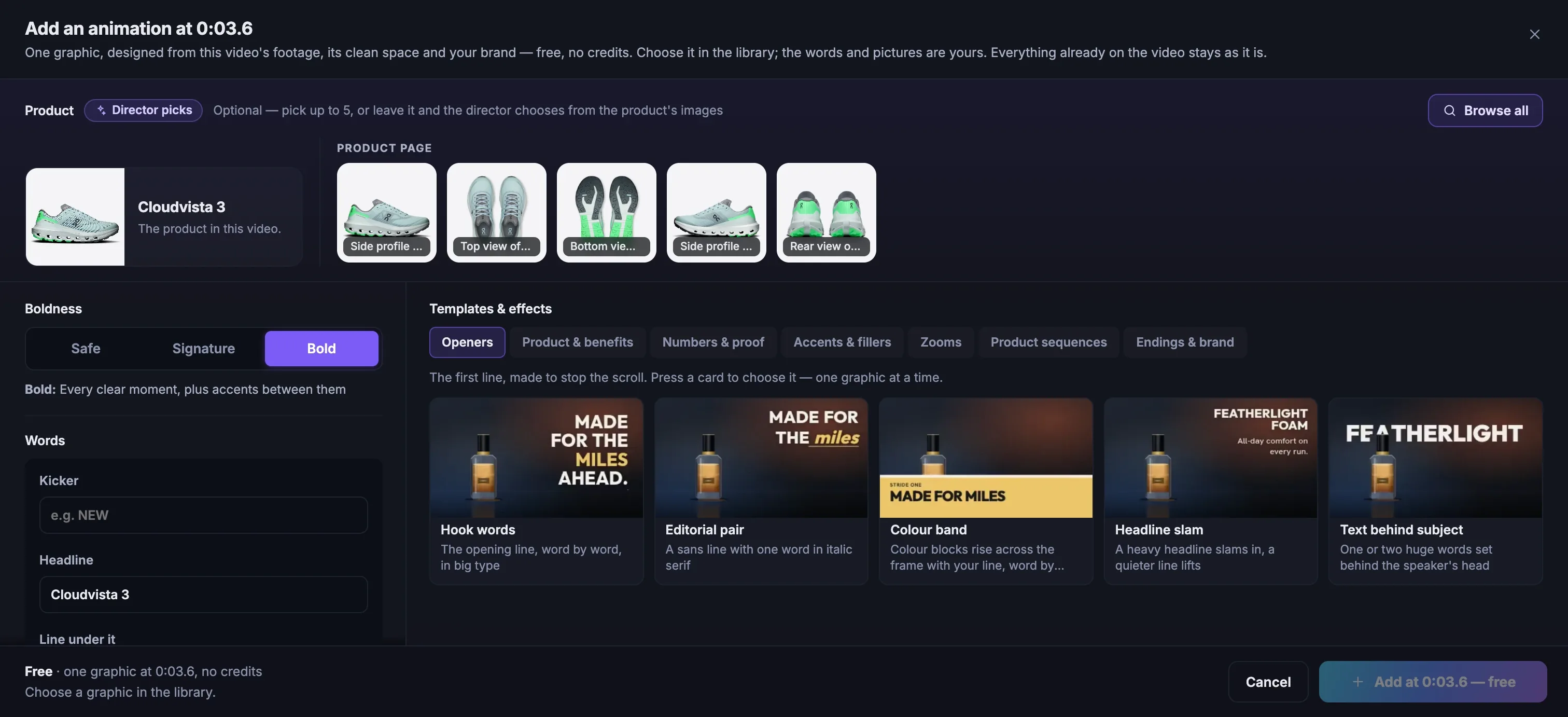The Add an animation screen at 0:03.6 with the product and five pictures from its product page across the top, Boldness and words on the left, and the Openers in the library on the right