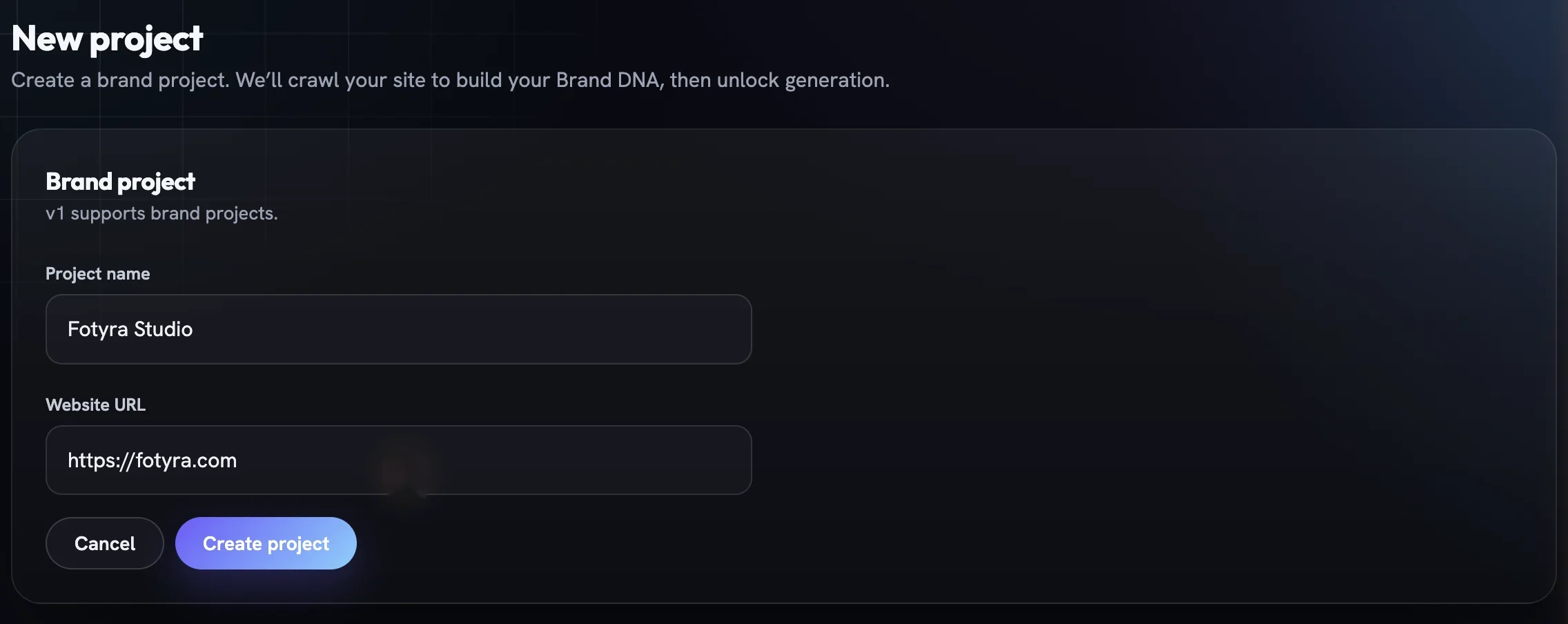 The New project page with a Brand project card, Project name and Website URL fields, and a Create project button