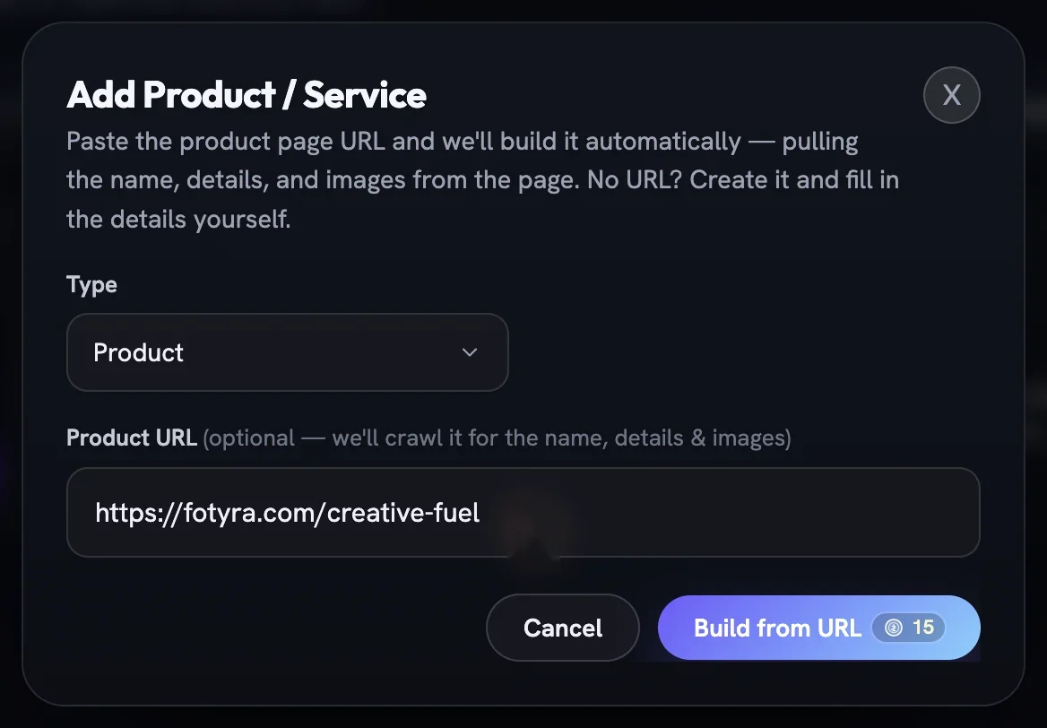 The Add Product / Service dialog with Type set to Product, a product URL pasted and the Build from URL button