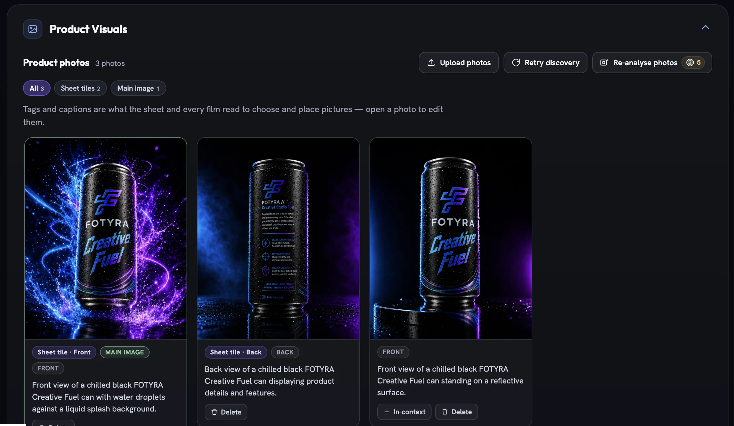 The Product Visuals section with Upload photos, Retry discovery and Re-analyse photos buttons above three tagged can photos