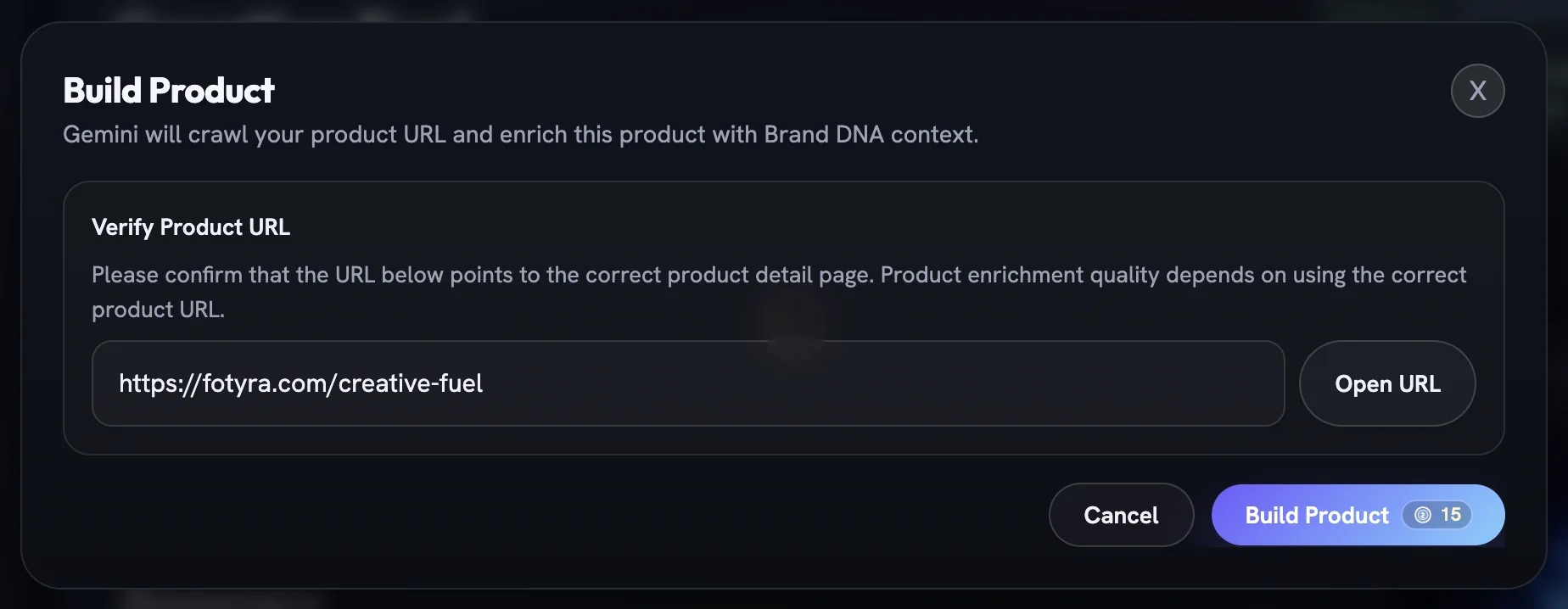 The Build Product dialog with the Verify Product URL panel, an Open URL button and Cancel and Build Product buttons