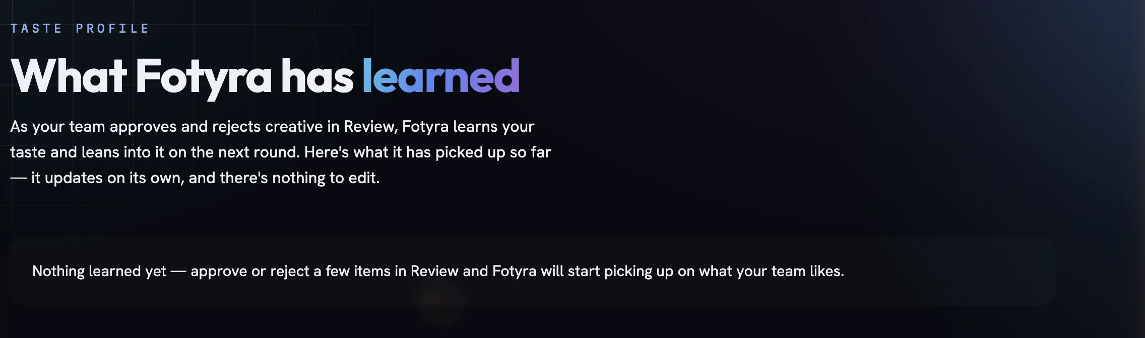 The What Fotyra has learned page in a new project reading Nothing learned yet
