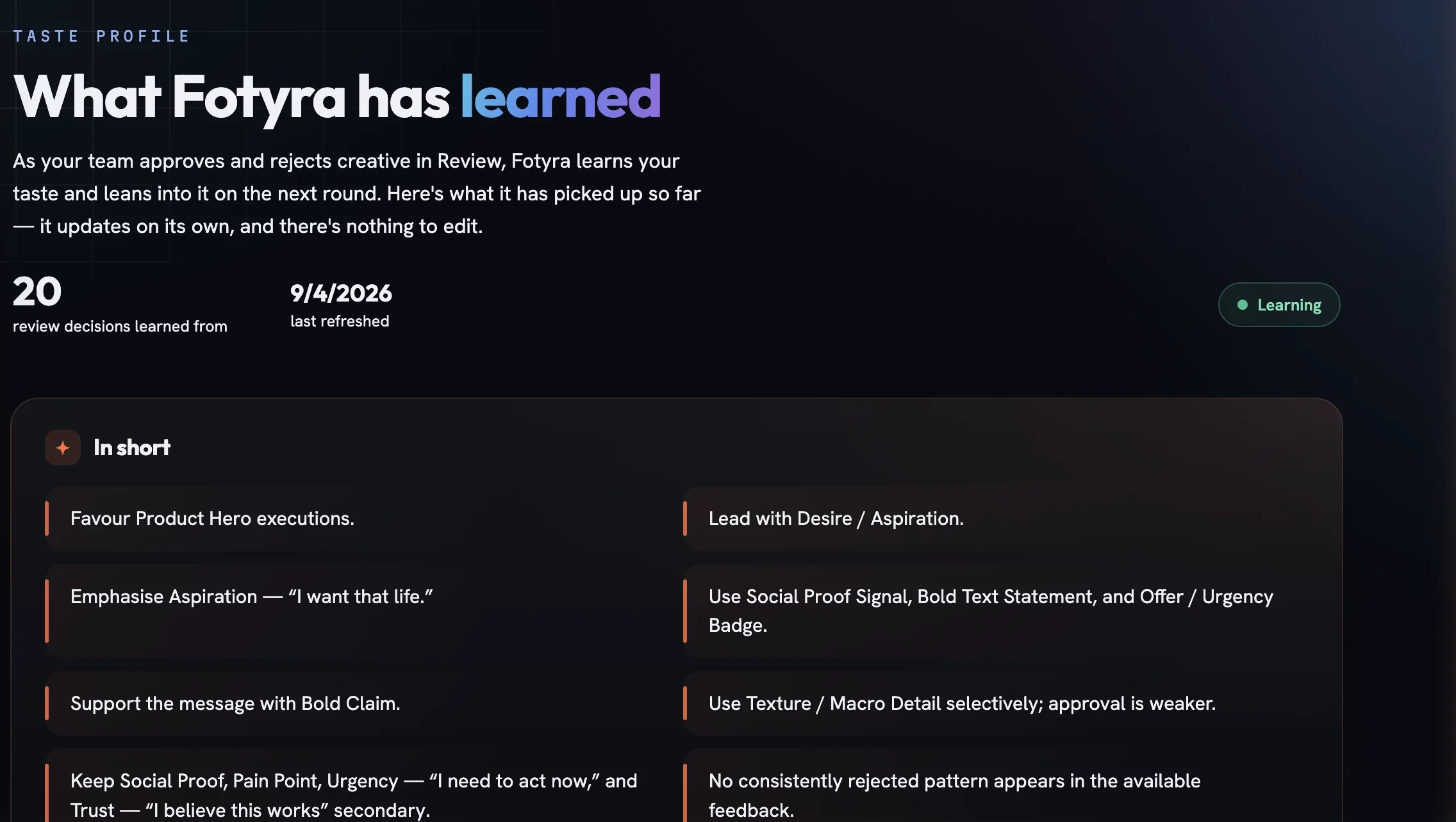 The What Fotyra has learned page with a decisions counter, a last-refreshed date and an In short list of plain-language takeaways