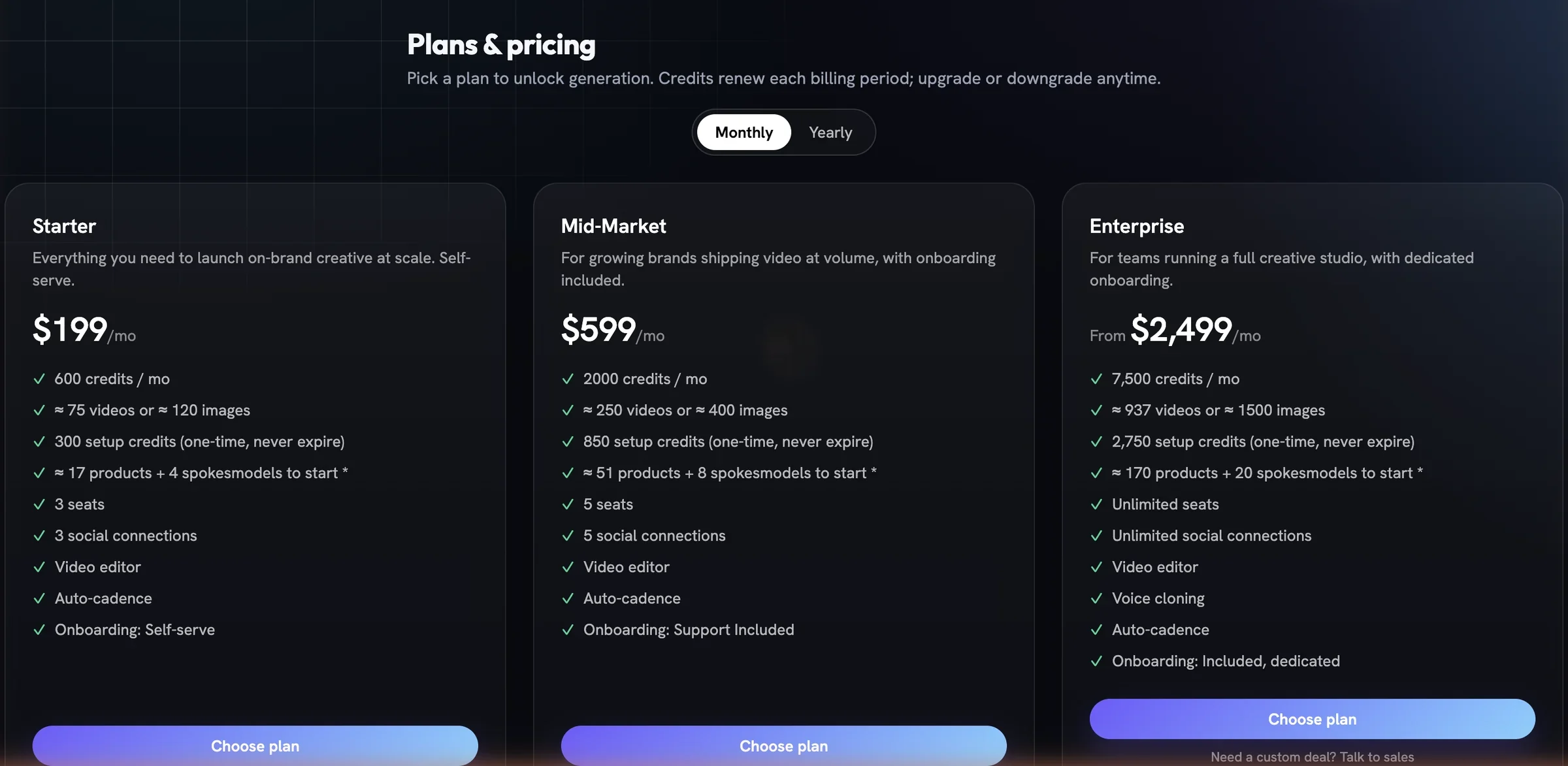 The Plans & pricing page with Starter, Mid-Market and Enterprise cards, a monthly and yearly toggle and Choose plan buttons