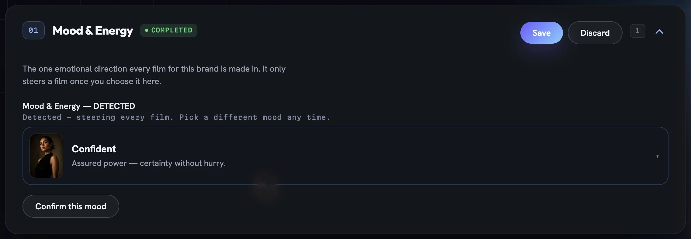 The Mood & Energy editor with the field labelled DETECTED, the Confident picker button, Confirm this mood, Save and Discard