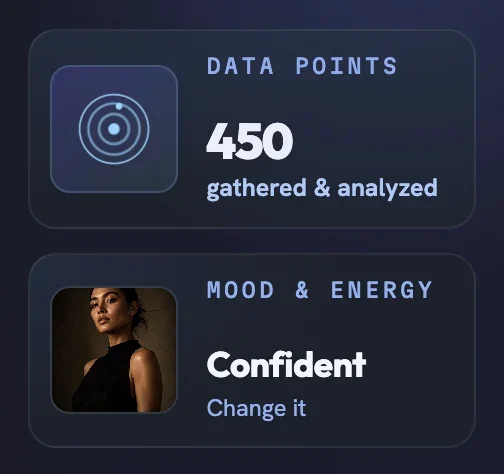 The Brand Snapshot’s Data points tile above the Mood & Energy chip showing a portrait, Confident and Change it