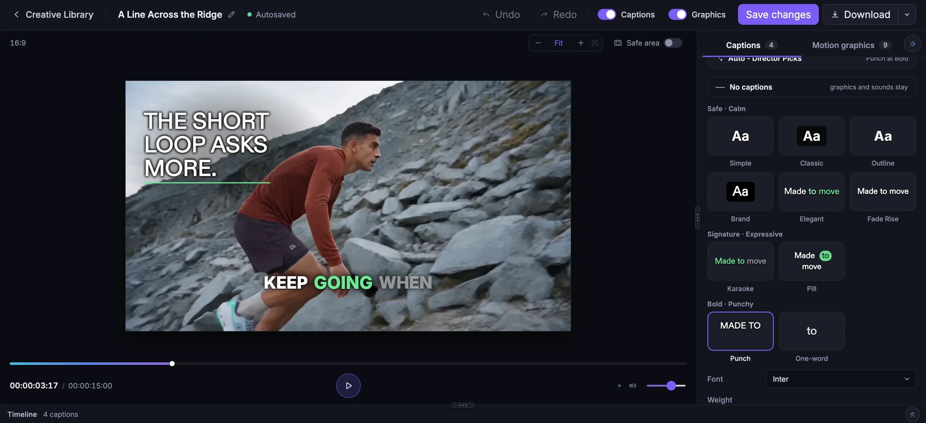 The Captions tab of the Motion Graphics Editor with a Punch caption on the film, the spoken word in green, and the style picker on the right