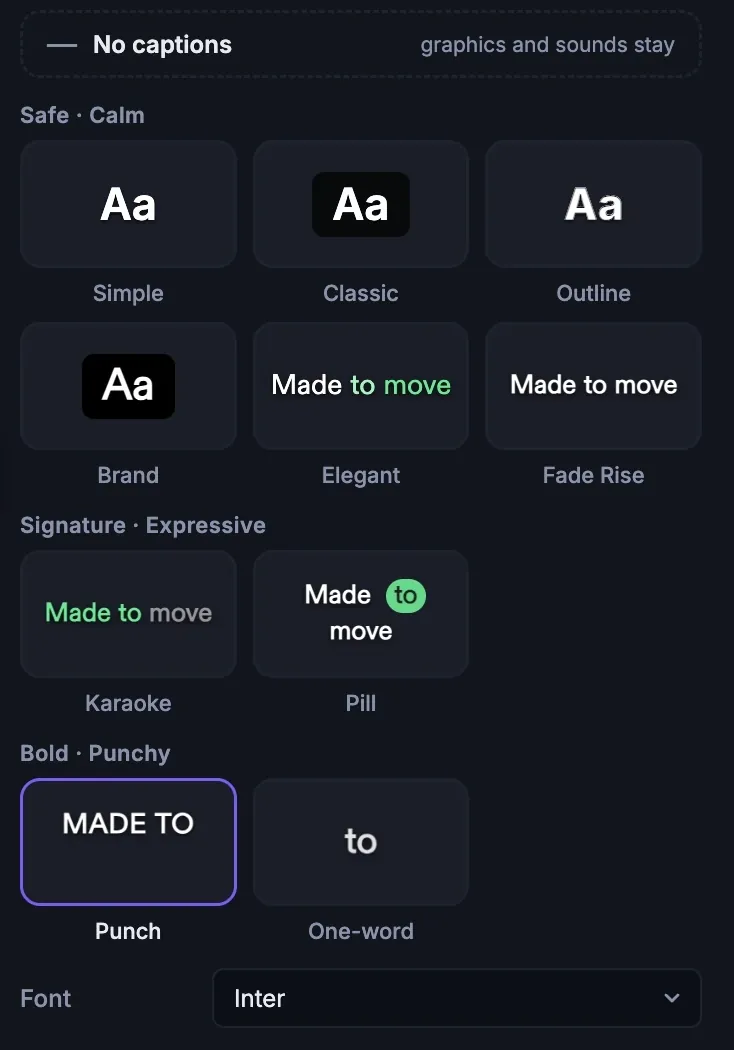 The caption style picker: Simple, Classic, Outline, Brand, Elegant and Fade Rise under Safe, Karaoke and Pill under Signature, and Punch and One-word under Bold