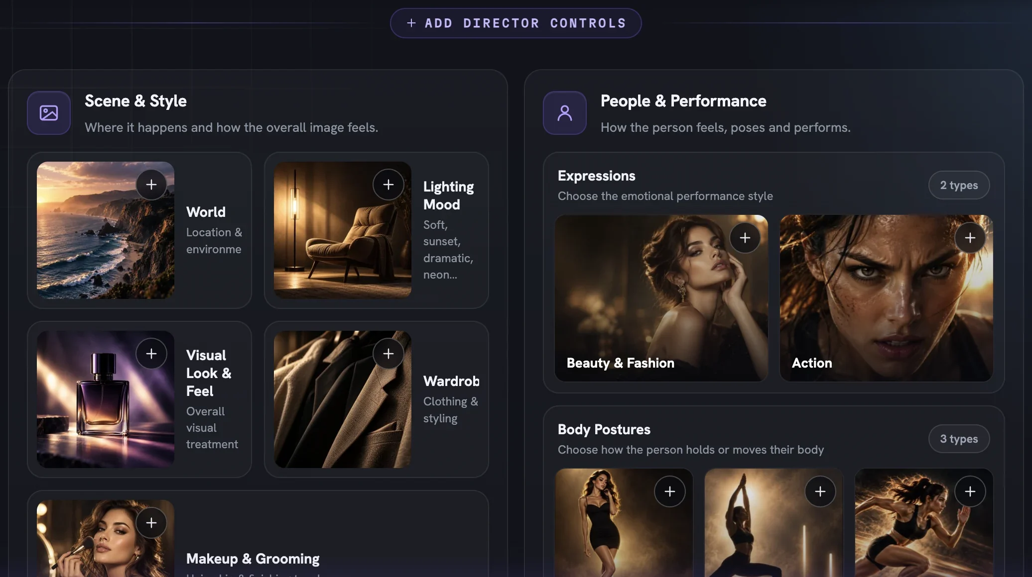 The Add Director Controls picker with the Scene & Style group on the left (World, Lighting Mood, Visual Look & Feel, Wardrobe, Makeup & Grooming) and People & Performance on the right (Expressions with two types, Body Postures with three)