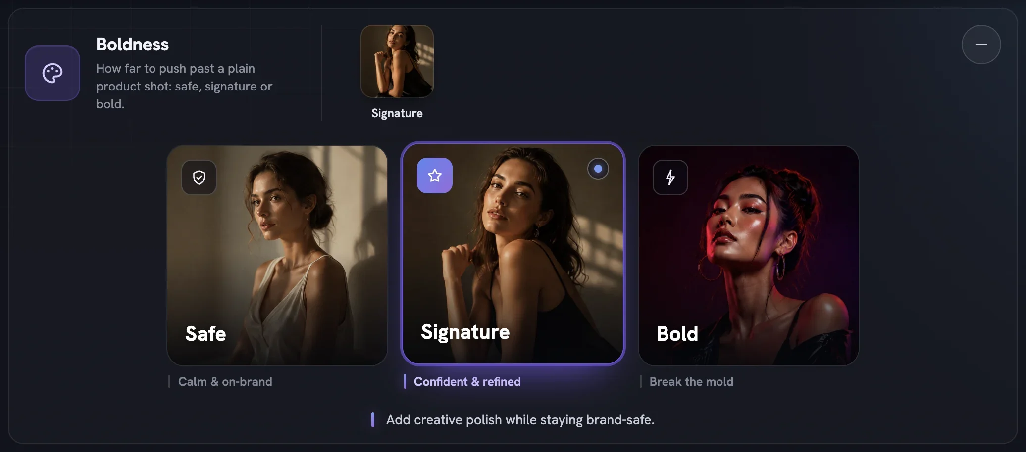 The Safe, Signature and Bold cards, Signature selected, each with a one-line description beneath