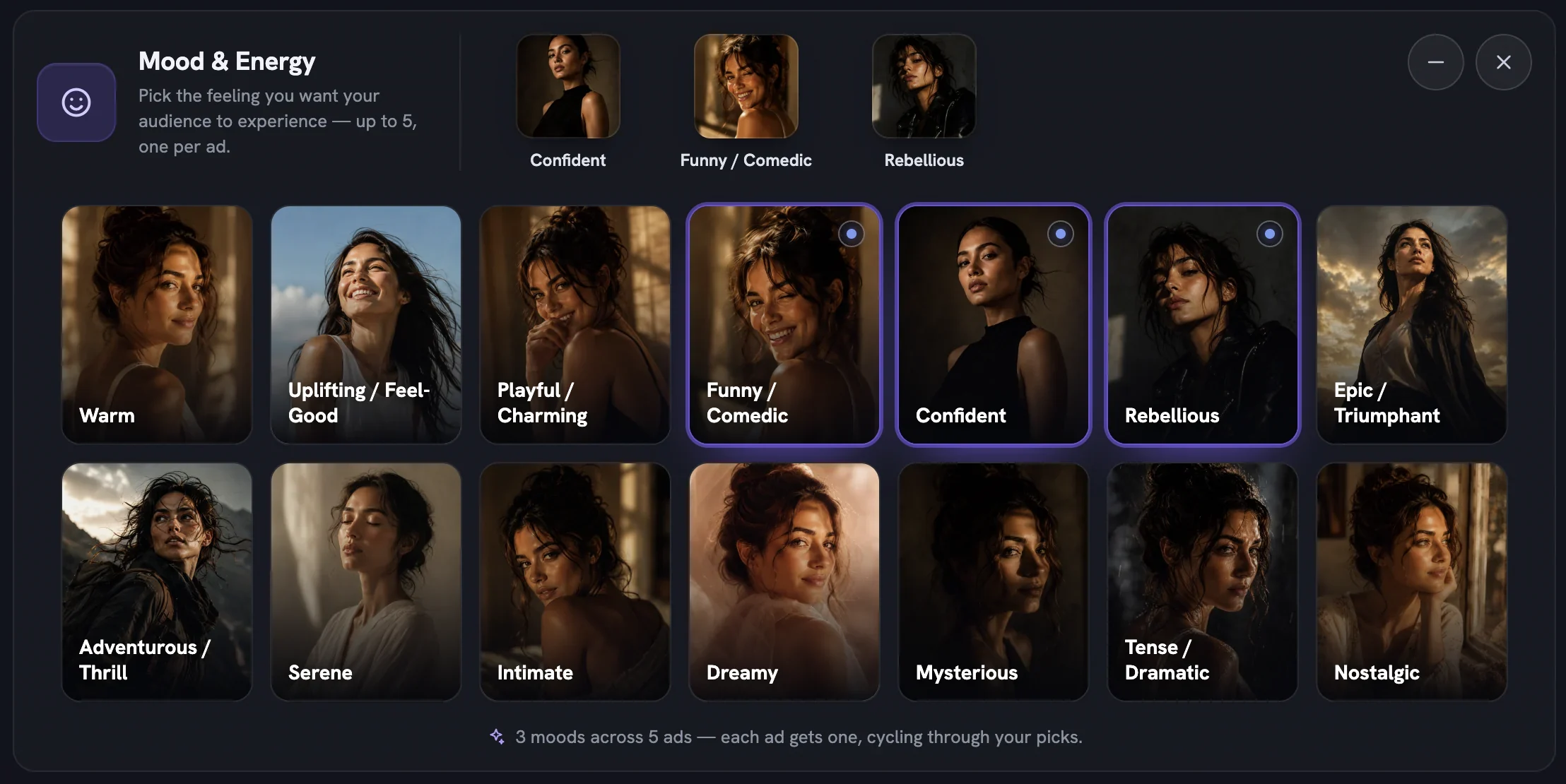 The Mood & Energy grid on the Direction step with fourteen pictured moods and none selected