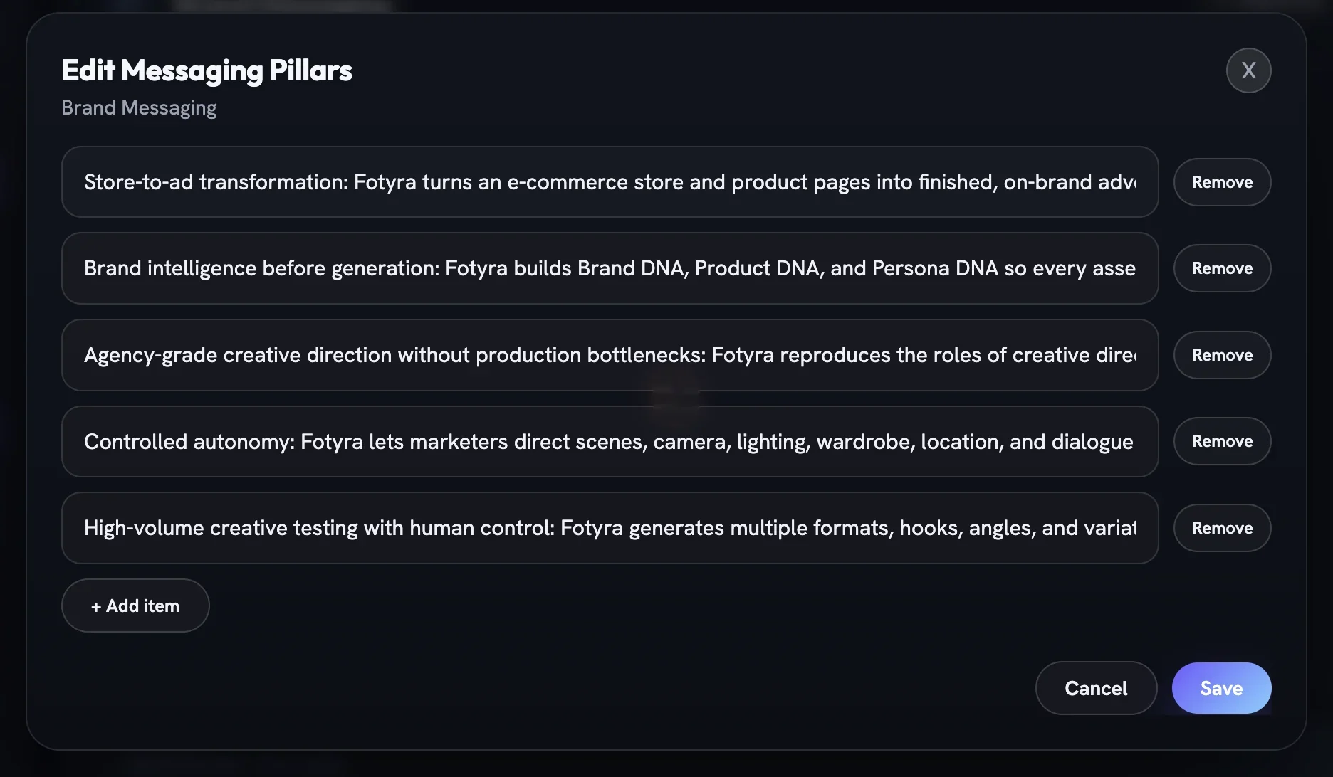 The Edit Messaging Pillars modal listing five pillars with Remove buttons, an Add item button, Cancel and Save