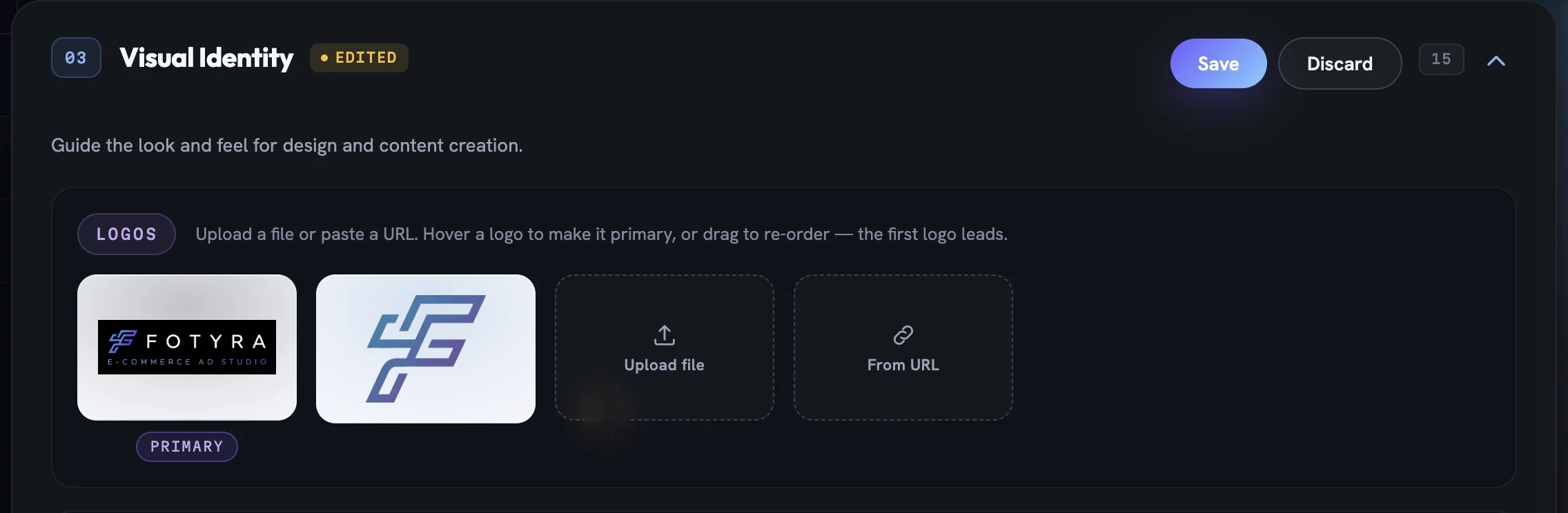 The unlocked Visual Identity section in the editor with a Primary wordmark tile, a symbol tile, and Upload file and From URL tiles
