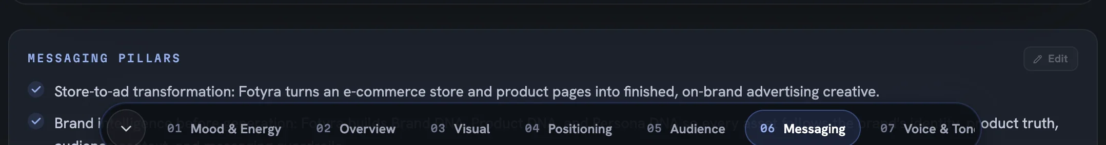 The Messaging Pillars field on the Brand DNA page with its Edit pencil at the right edge
