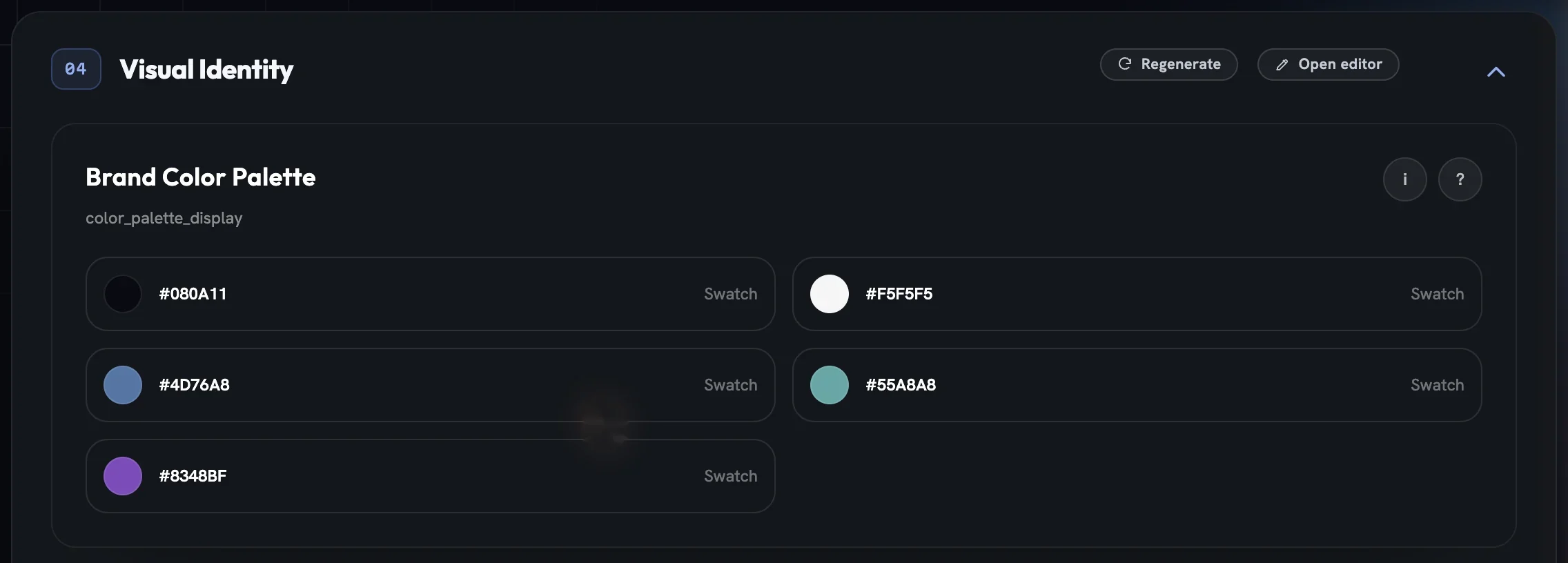 The Visual Identity section on the Brand DNA page showing five colour swatches with hex codes, and Regenerate and Open editor buttons
