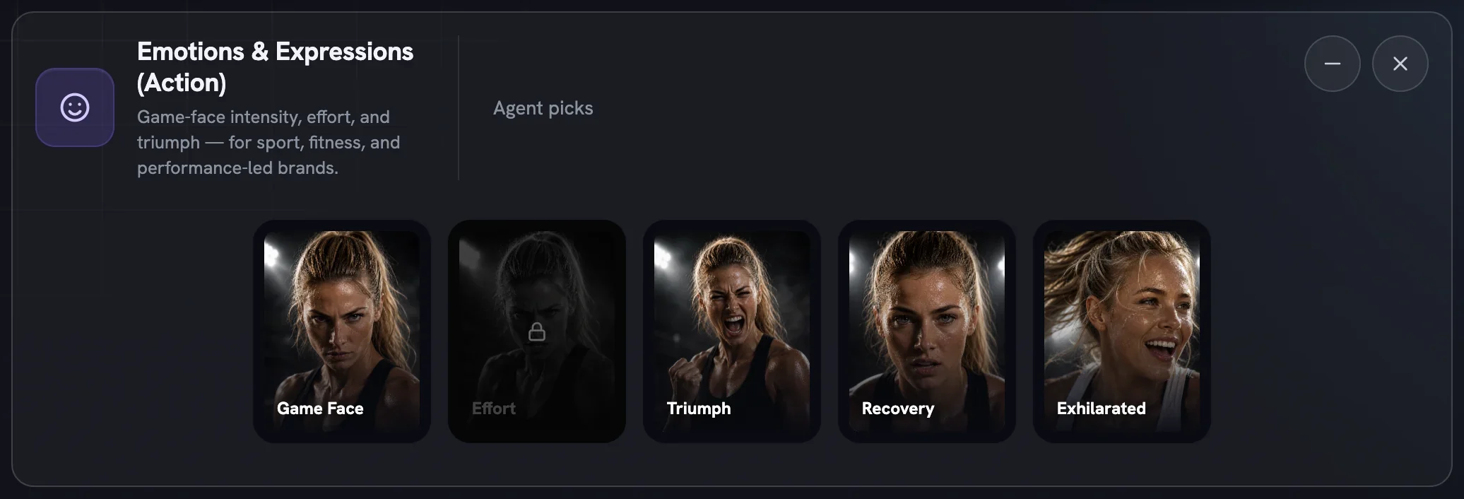 The Emotions & Expressions (Action) row with five athletic portrait tiles from Game Face to Exhilarated