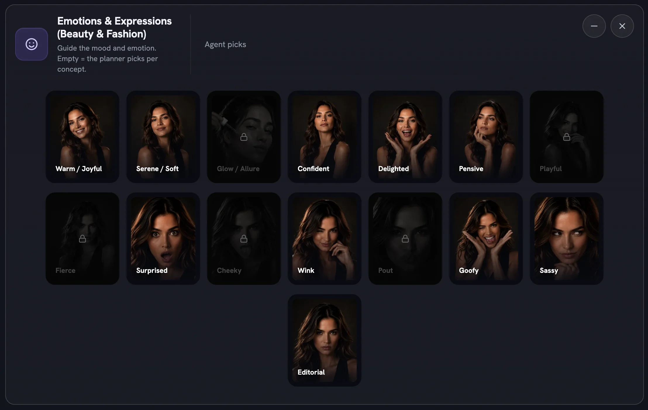 The Emotions & Expressions (Beauty & Fashion) row with sixteen portrait tiles, five of them dimmed with padlocks