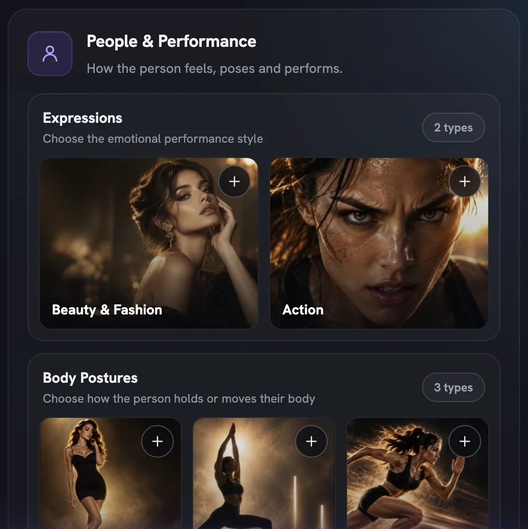 The People & Performance group: Expressions with Beauty & Fashion and Action tiles, and Body Postures with Beauty & Fashion, Yoga & Flexibility and Action tiles