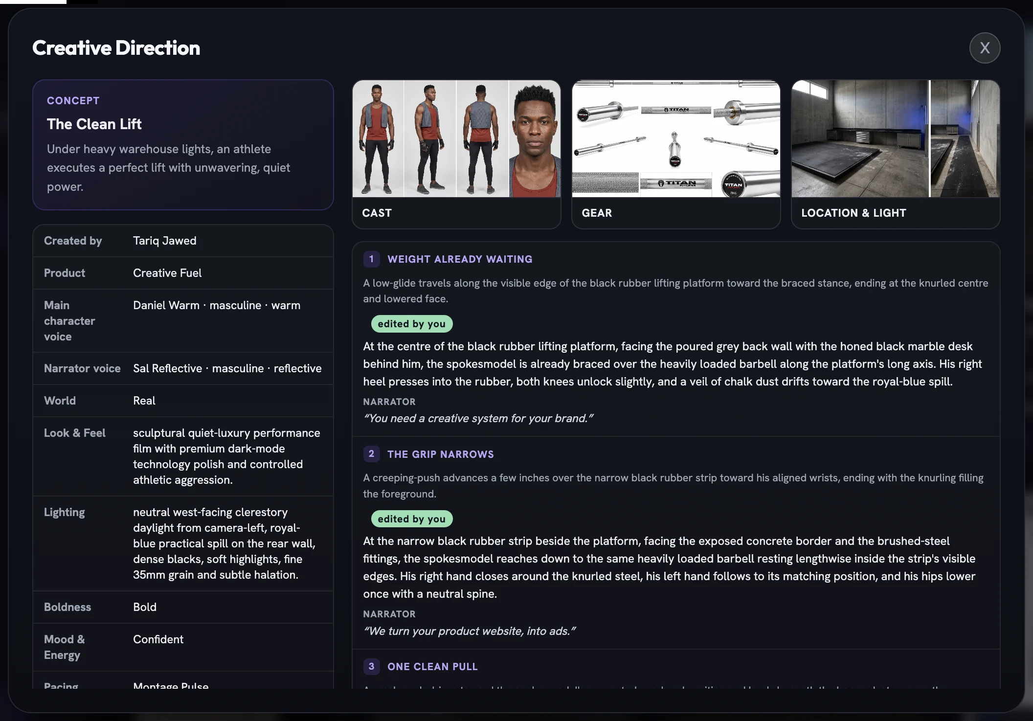 The Creative Direction popup for a film: concept and facts table on the left, Cast, Gear and Location & Light sheet tiles and numbered beats on the right