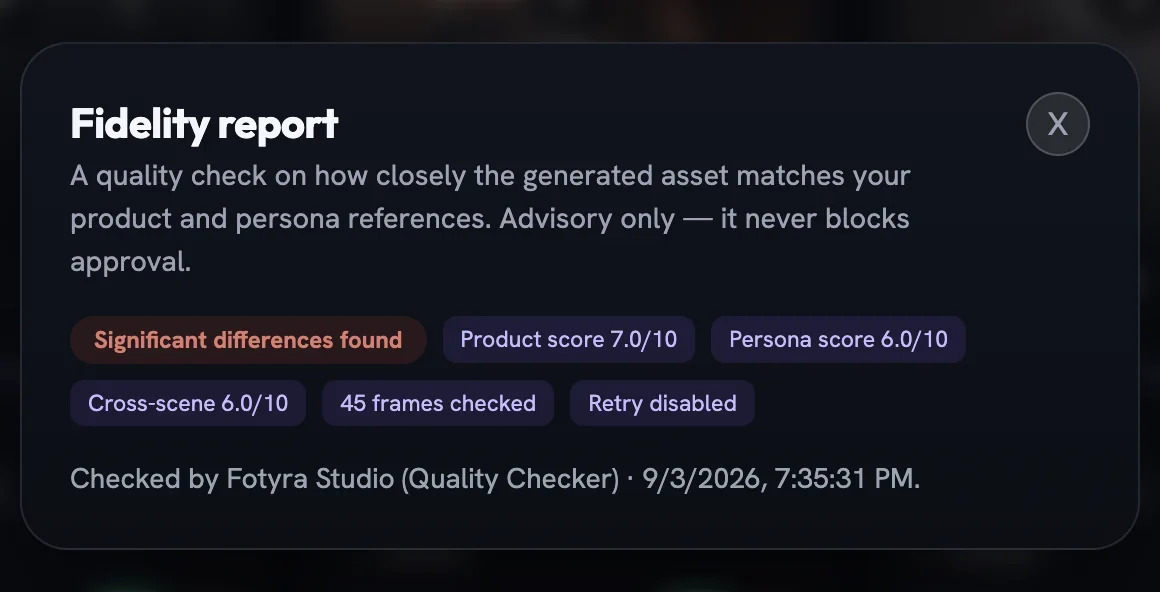 The Fidelity report dialog for a film, showing Significant differences found with product, persona and cross-scene scores and a Retry disabled chip
