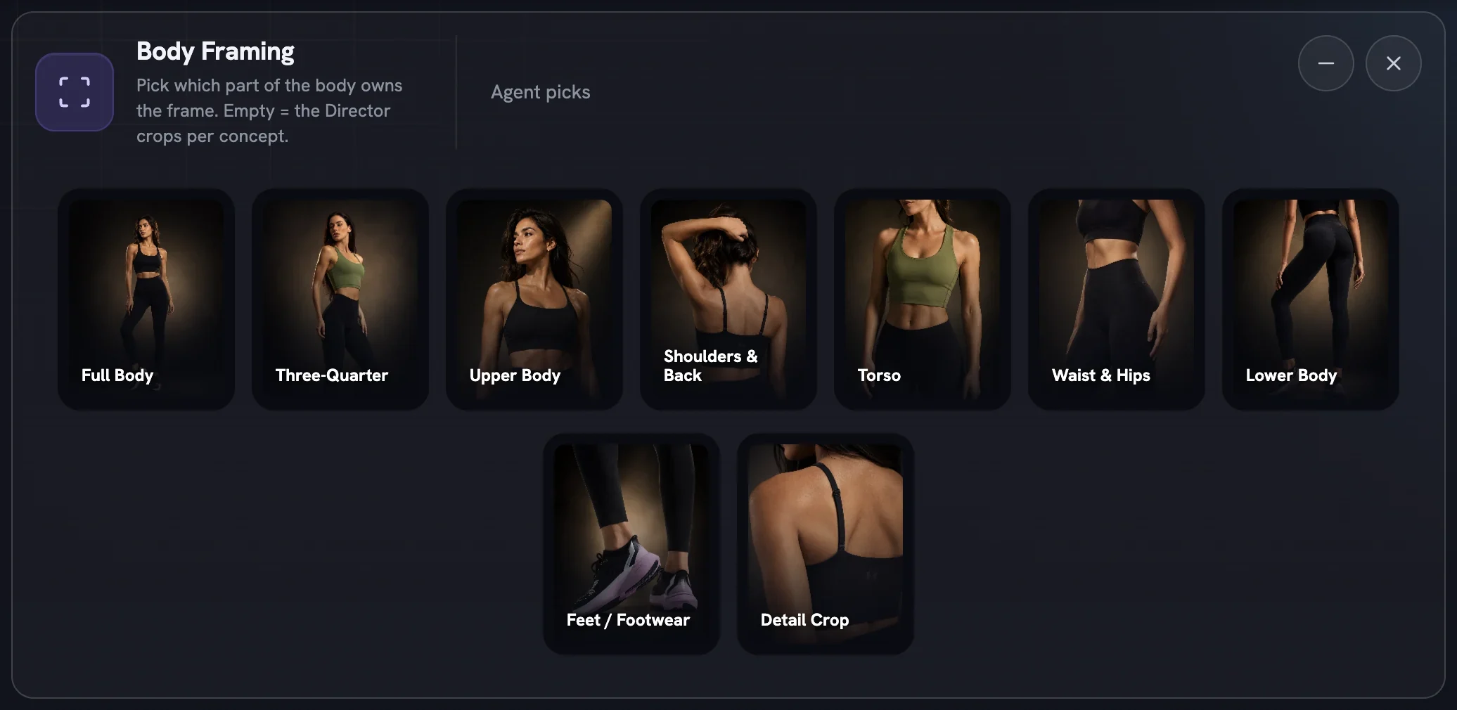 The Body Framing rail unlocked, Upper Body selected, with crops from Full Body to Detail Crop