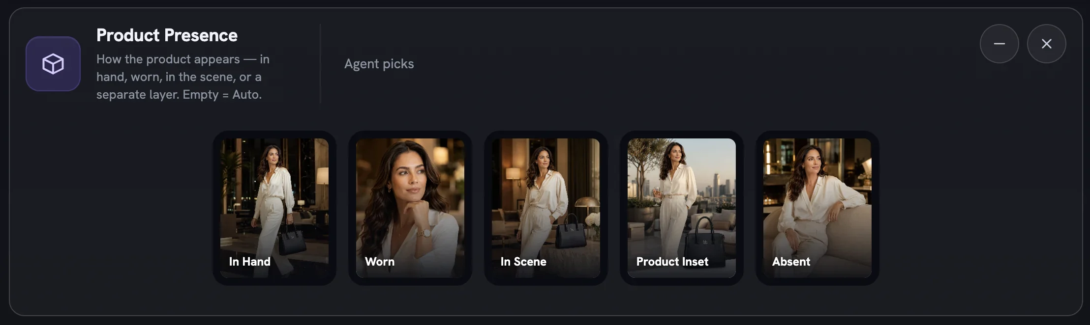 The Product Presence rail with five cards showing a handbag held, a watch worn, a bag in scene, a pack-shot inset and no product