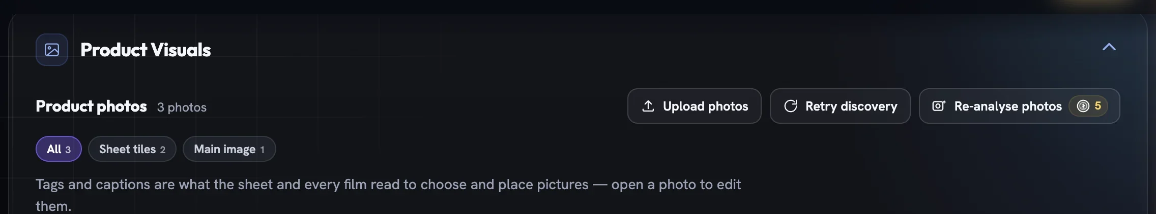 The Product photos header with Upload photos, Retry discovery and Re-analyse photos buttons and filter pills