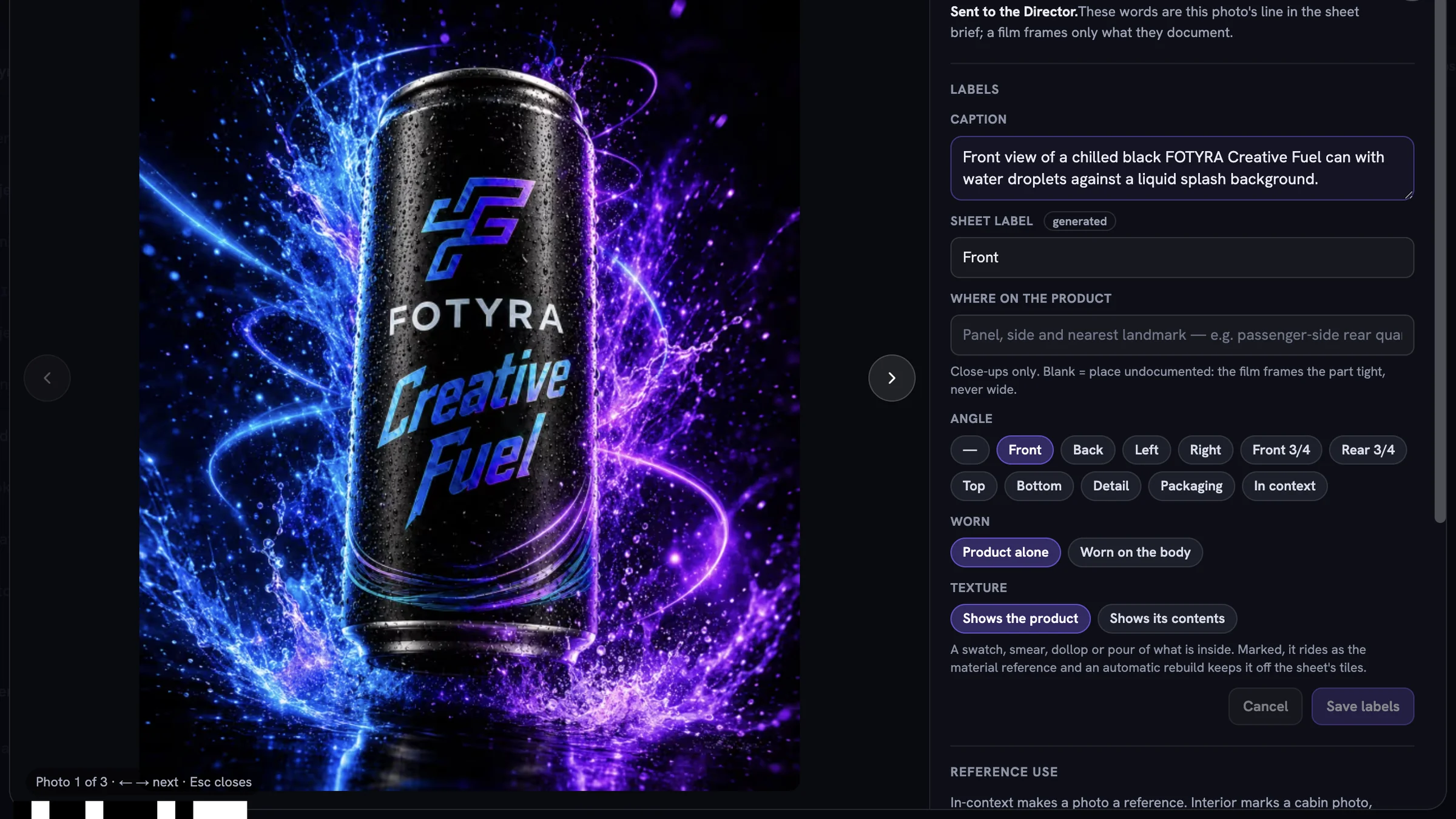 The photo modal with the can on the left and Caption, Sheet label, Angle, Worn and Texture controls on the right