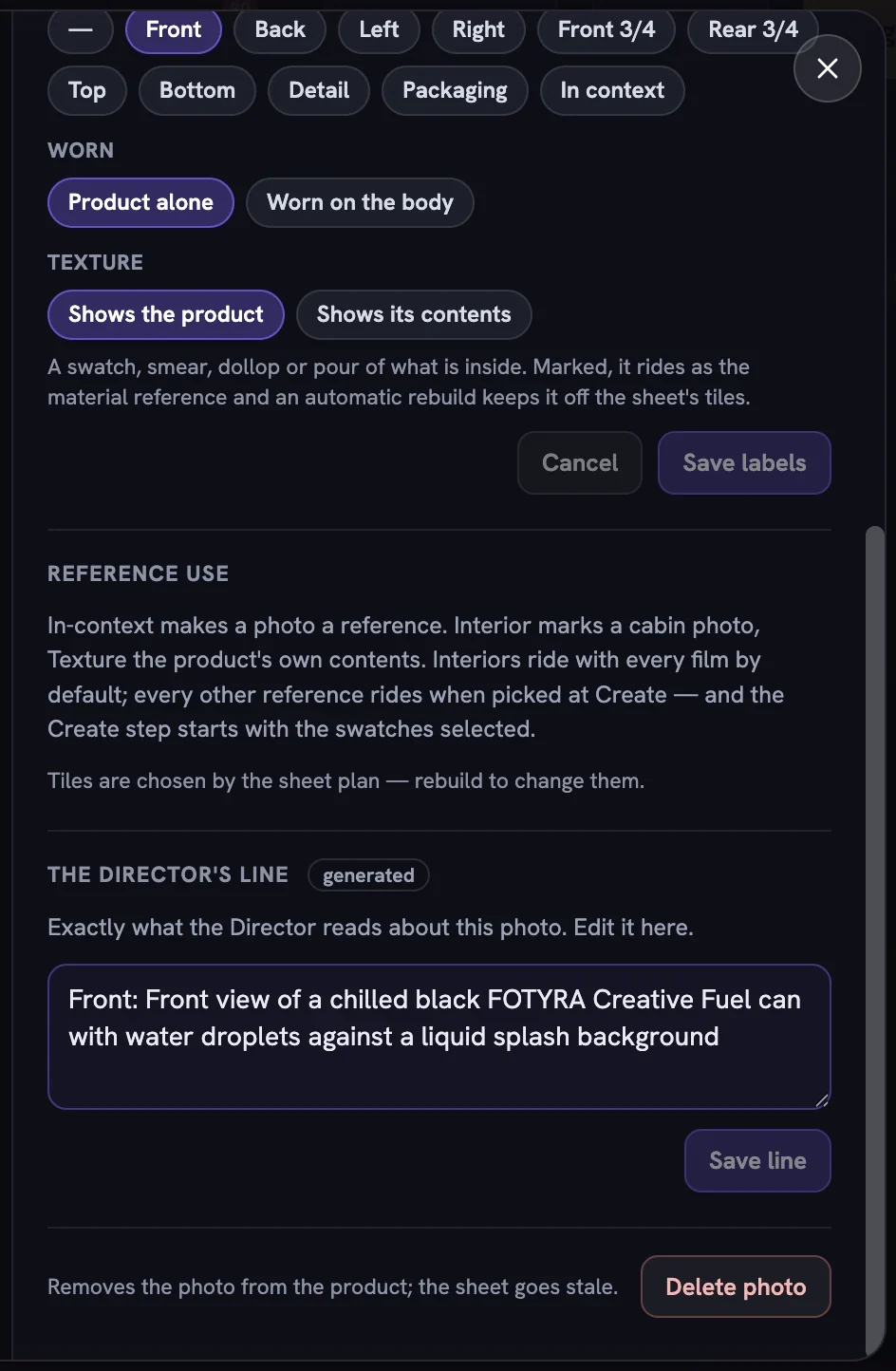 The photo detail modal's right pane showing Worn and Texture rows, the Reference use note and The Director's line