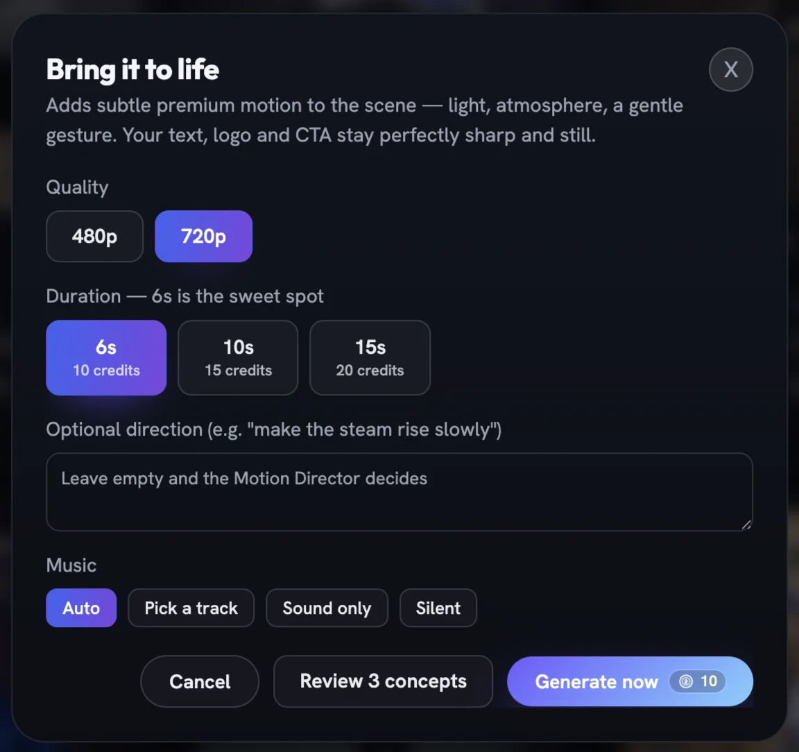 The Bring it to life dialog with Quality, Duration, an optional direction box, Music choices and the Generate now button
