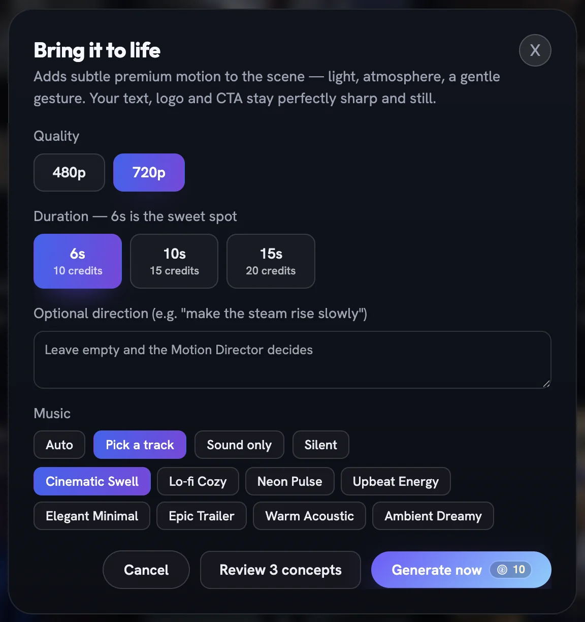 The Bring it to life dialog with Pick a track selected and eight music preset pills revealed beneath the Music row