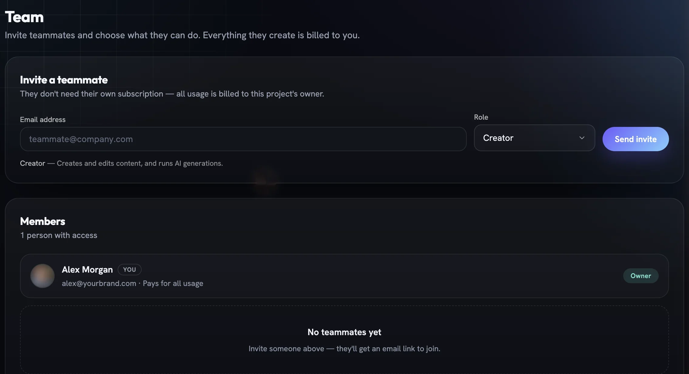 The Team page with an Invite a teammate card, a Role select set to Creator, a Send invite button and a Members list showing the owner