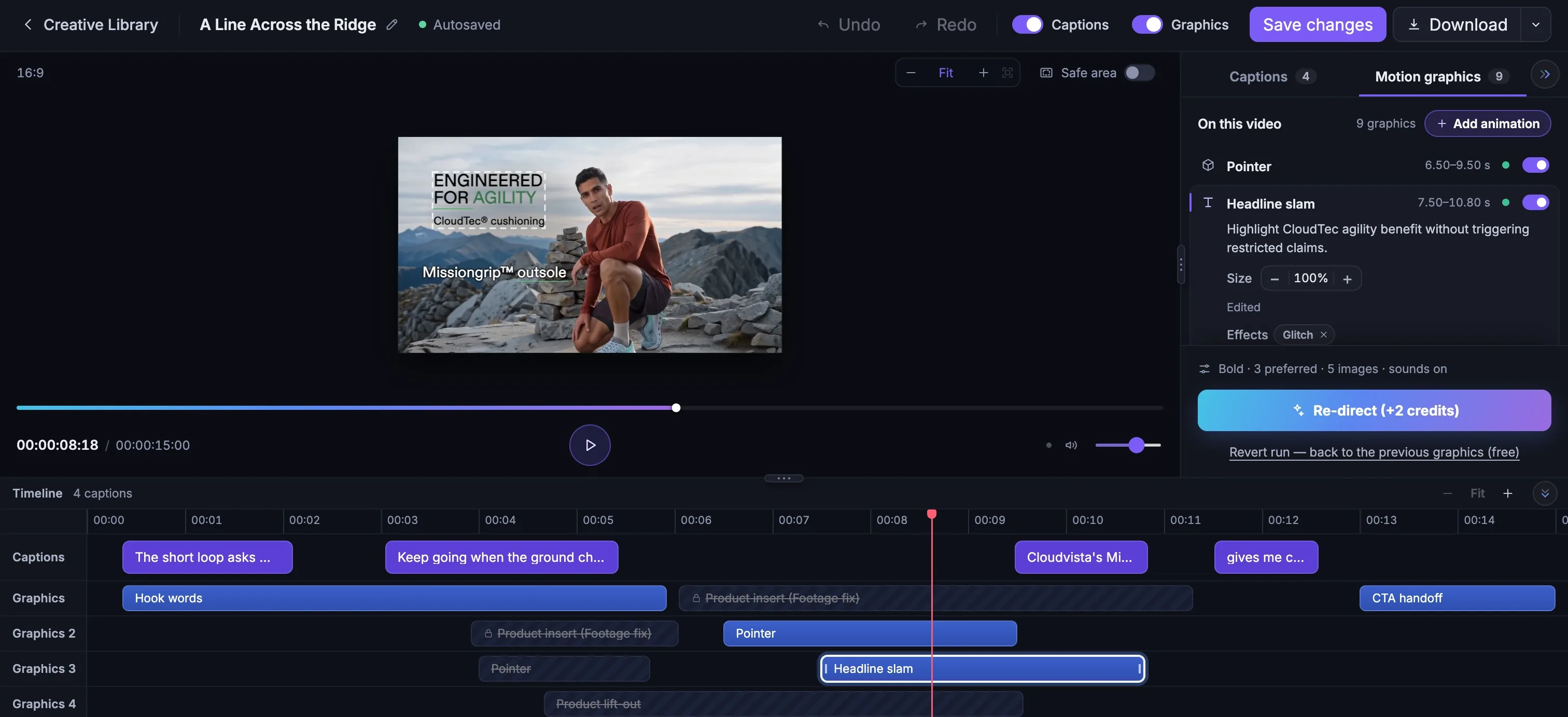 The Motion Graphics Editor on a 16:9 trail-running film: the preview with a headline and an outsole label on screen, the list of graphics on the right, and a timeline with lanes for captions, graphics and sounds