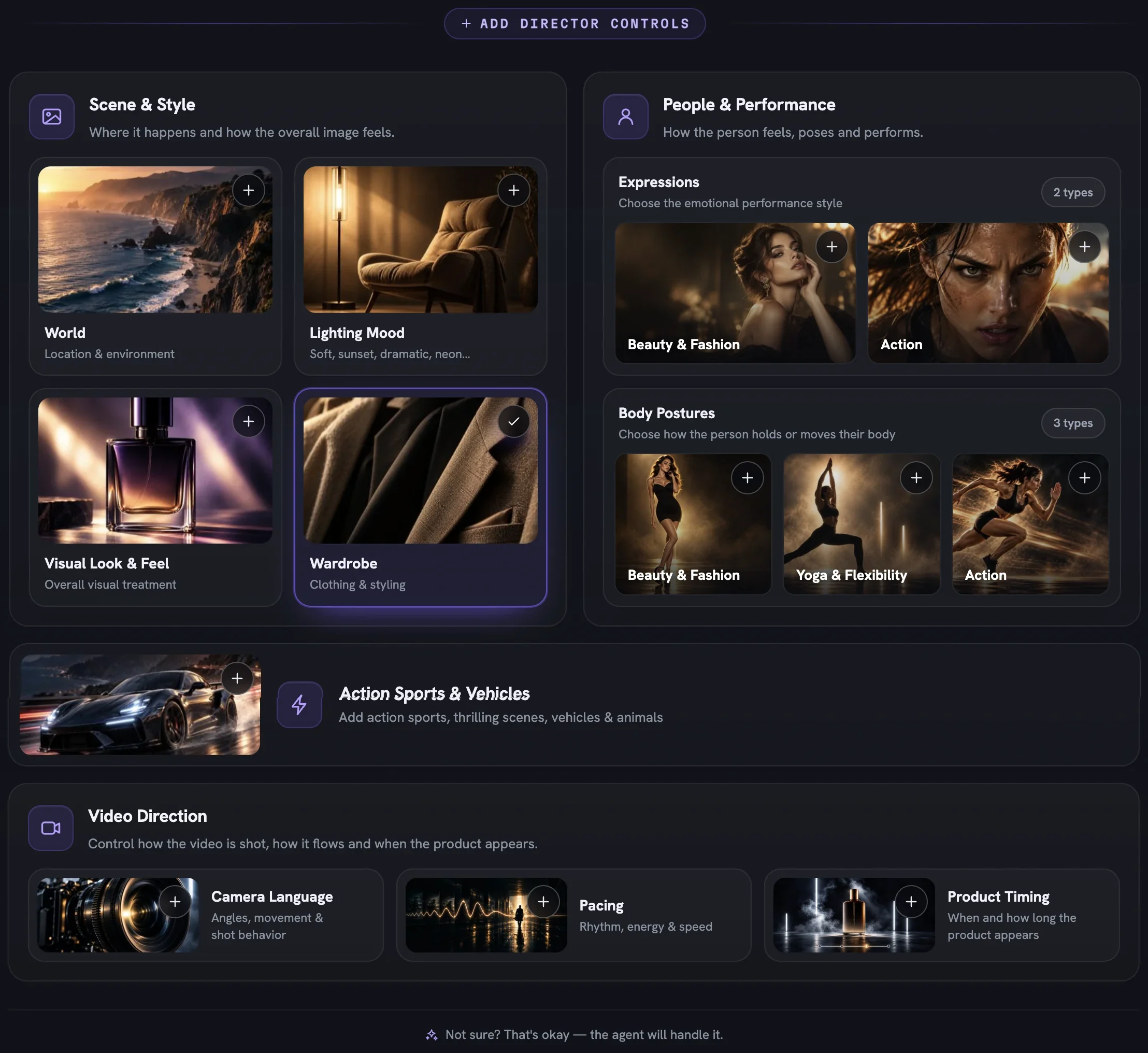 The Add Director Controls picker for a Cinematic Ad: Scene & Style, People & Performance, the Action Sports & Vehicles banner and a Video Direction group with Camera Language, Pacing and Product Timing