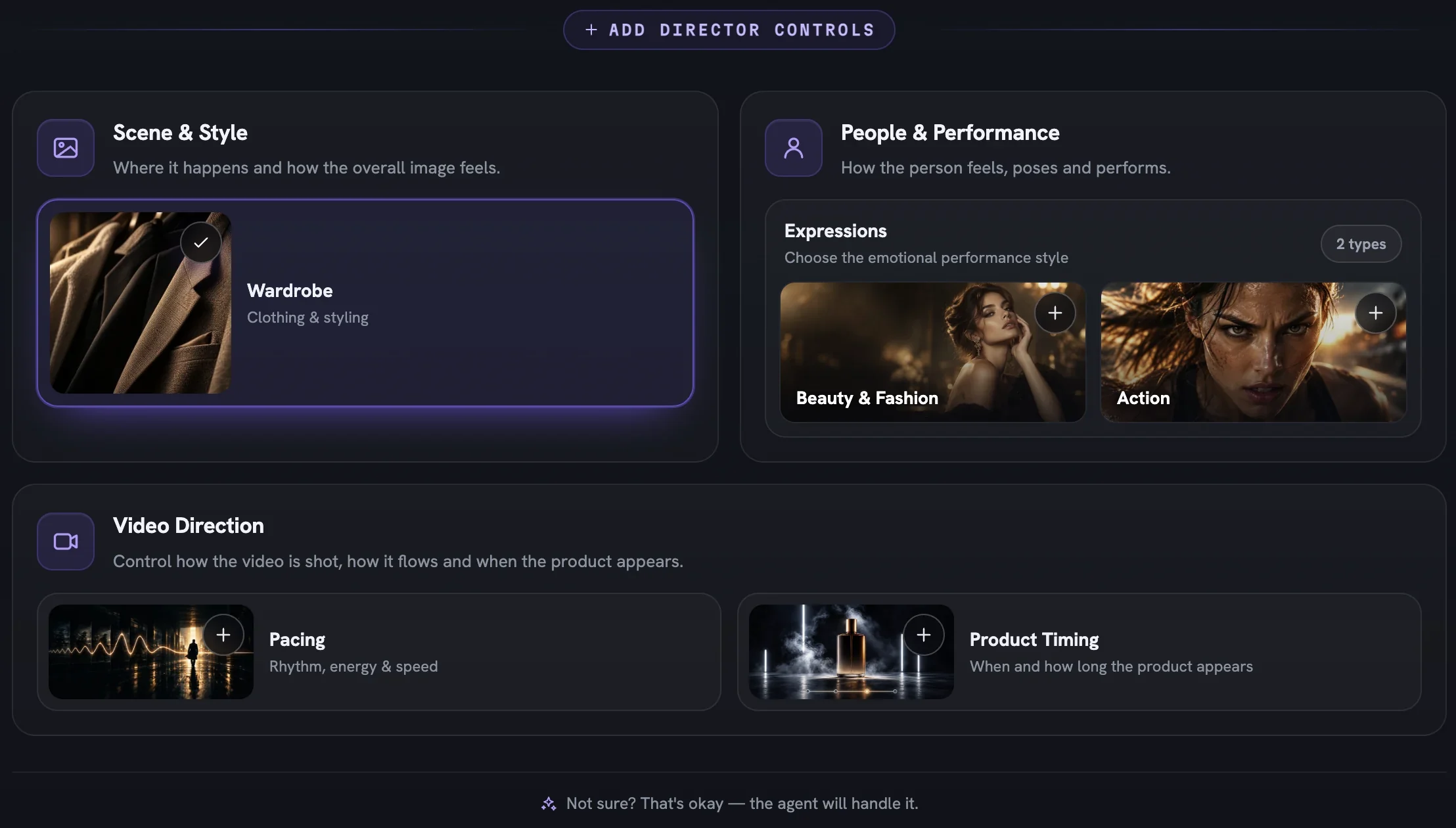 The picker for a UGC film, reduced to Wardrobe, Expressions and a Video Direction group with Pacing and Product Timing, above the Production Brief preview and the Review Film Concepts bar