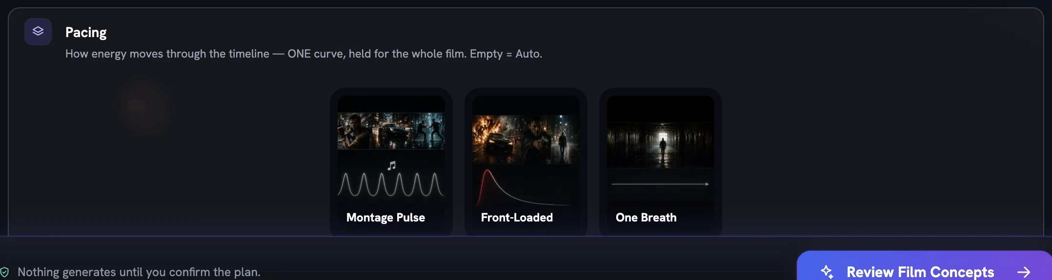 The Pacing row on a UGC film showing three curve cards: Montage Pulse, Front-Loaded and One Breath