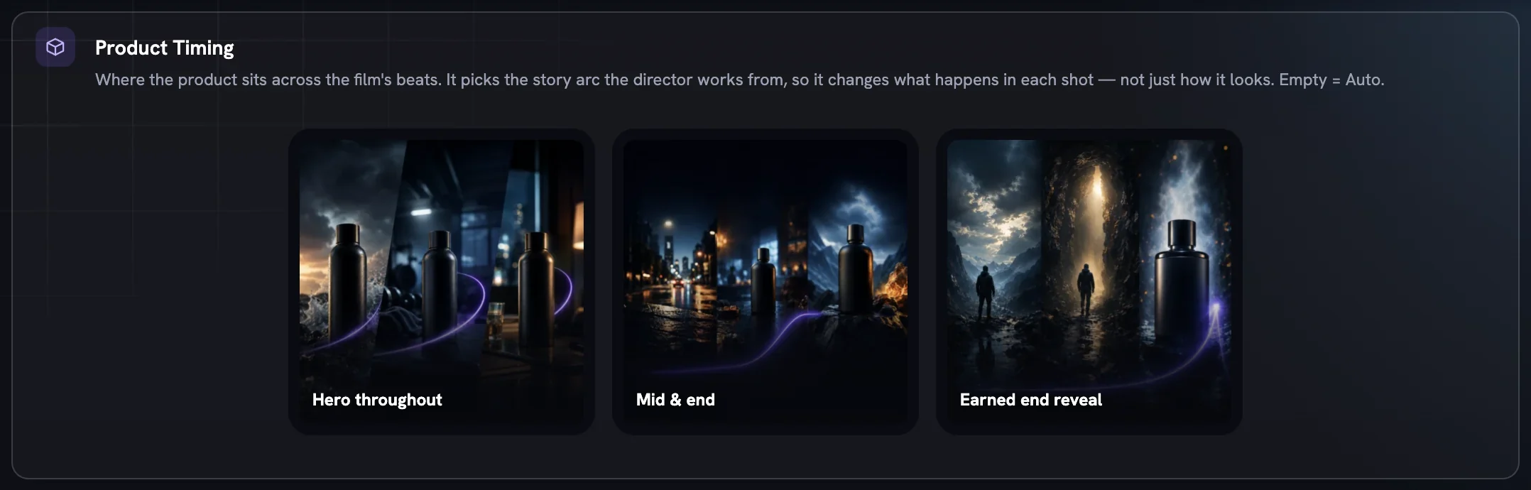 The Product Timing row with three triptych cards: Hero throughout, Mid & end and Earned end reveal