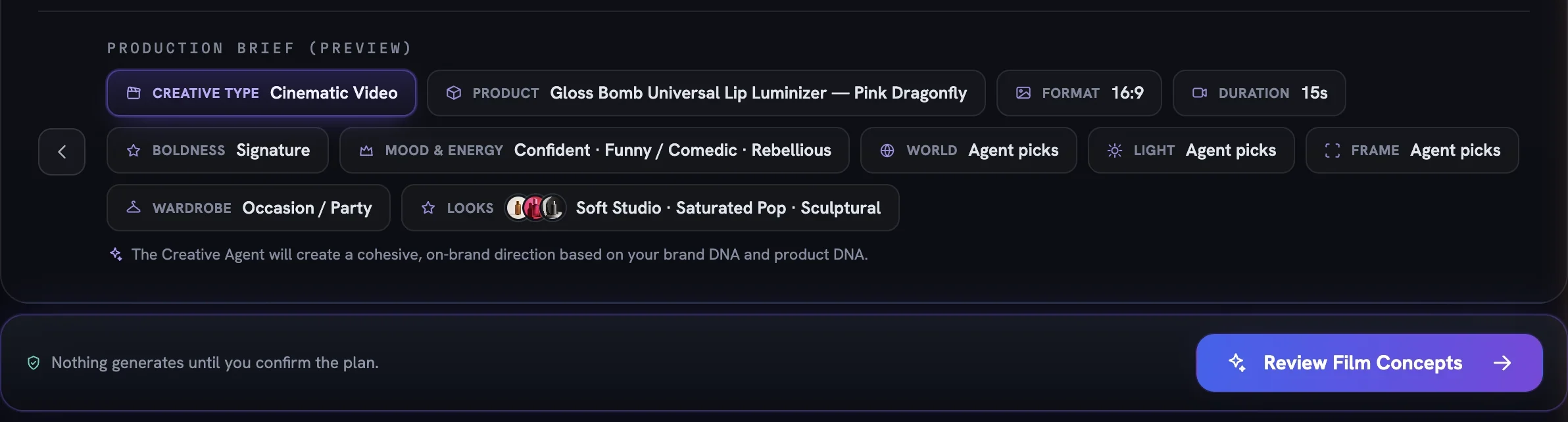 The Production Brief preview for a cinematic film — creative type, product, format, duration, Boldness, moods, and Agent picks or your picks for World, Light, Frame, Wardrobe and Looks — above the run bar with Review Film Concepts