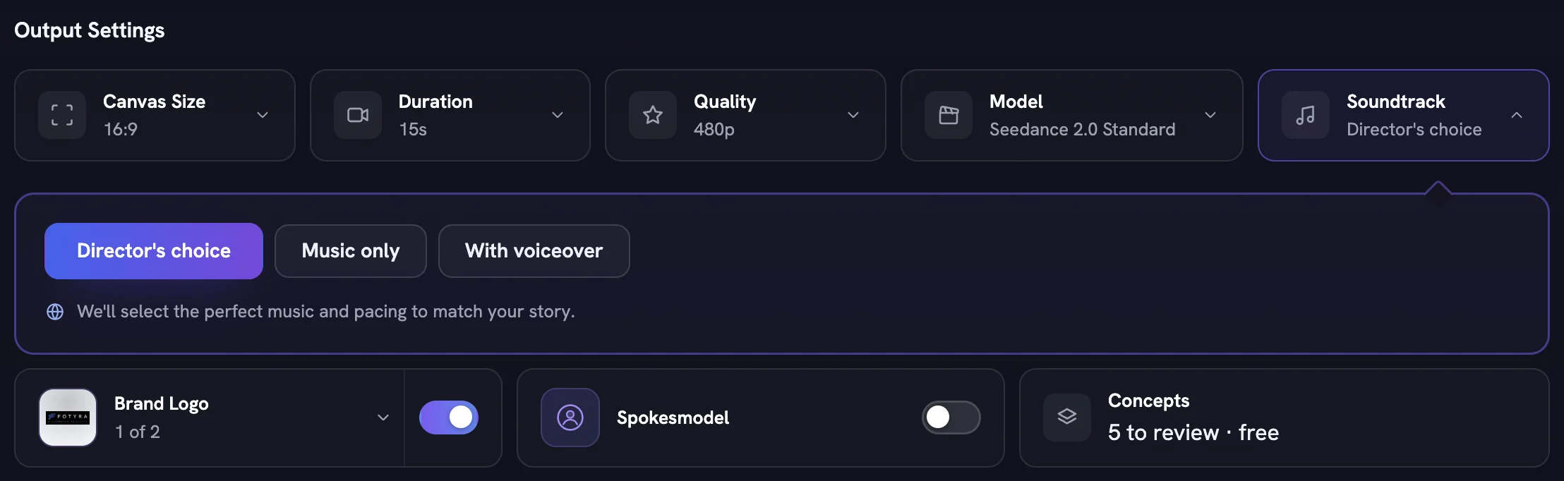 The Soundtrack pill open on a Cinematic setup, with Director's choice, Music only and With voiceover options