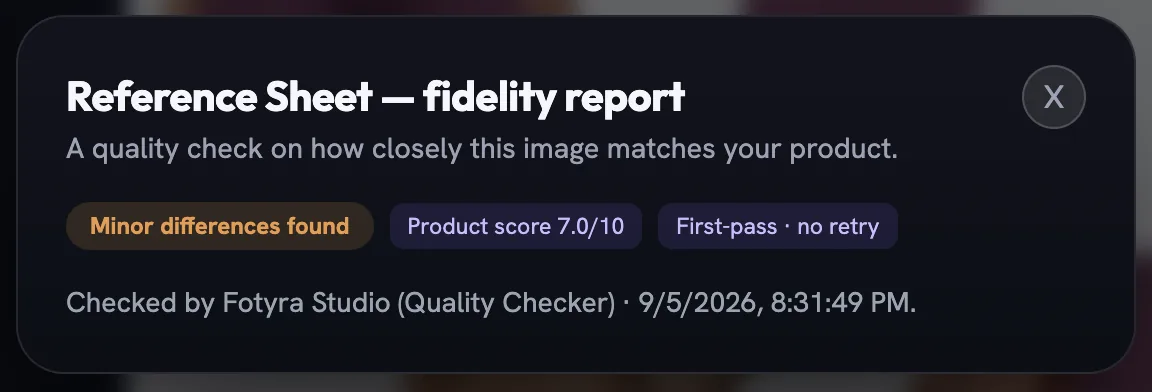 The Reference Sheet fidelity report dialog with a Minor differences found verdict, a Product score 7.0/10 chip and First-pass, no retry